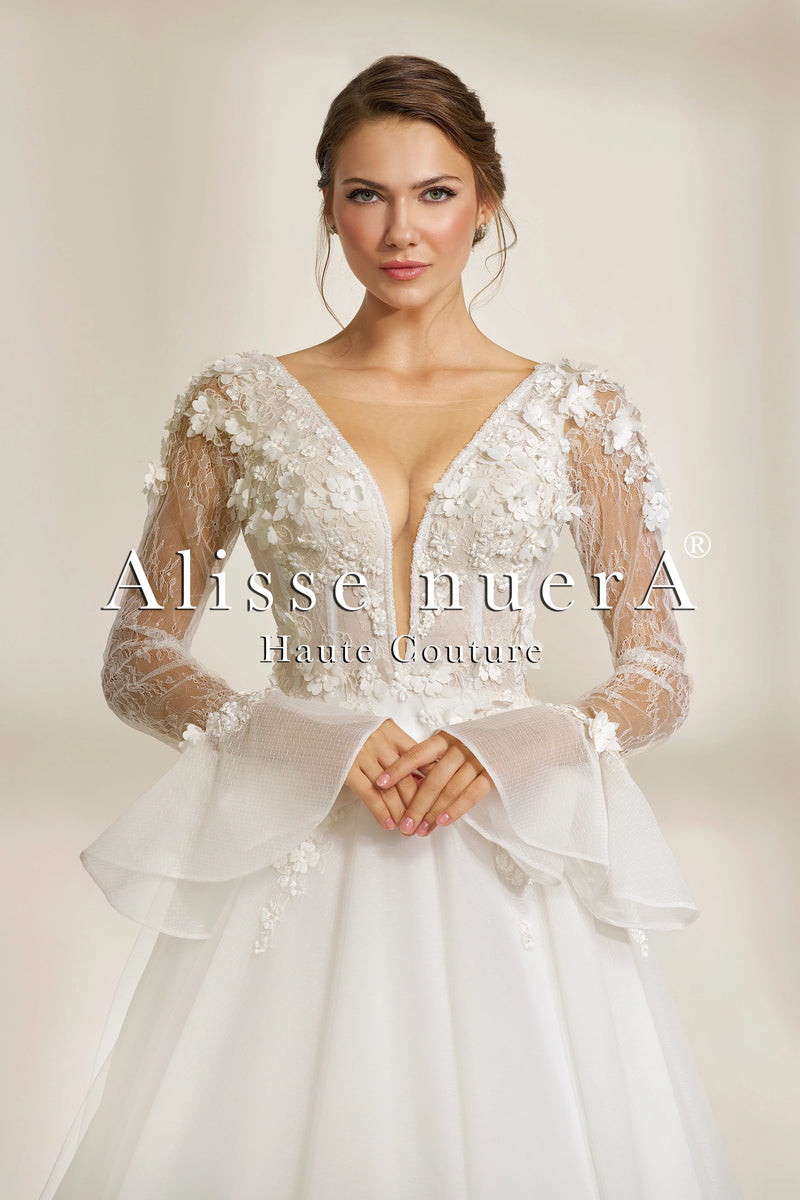 Deep V-Neck Bohemian Wedding Dress with Sheer Sleeves and 3D Floral Appliqus - Alisse Bridal White / French Lace / 2 Deep V-Neck Bohemian Wedding Dress with Sheer Sleeves and 3D Floral Appliqus - Alisse Bridal White / French Lace / 2