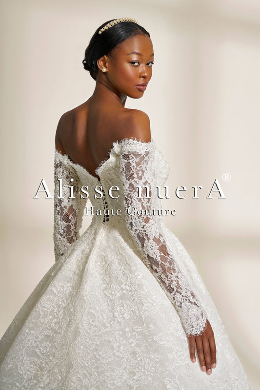 French Lace A-Line Wedding Dress with Boat Neckline and Long Train