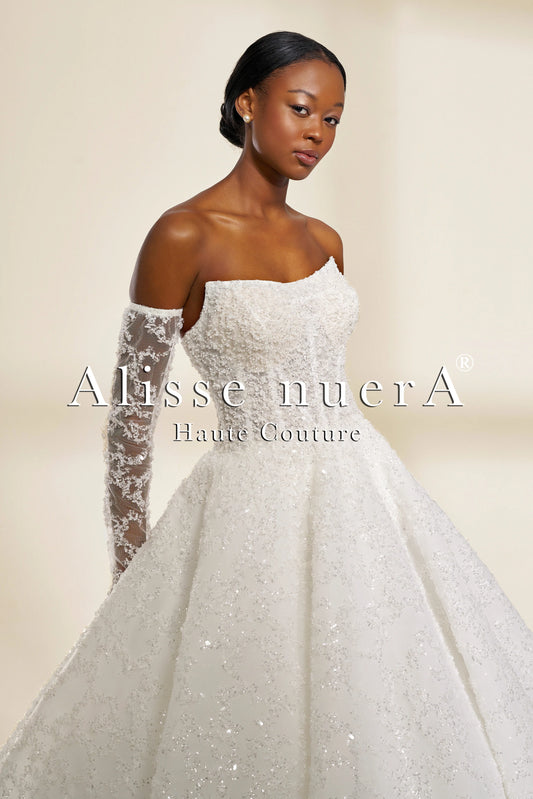 Luxurious Fully Embroidered Off-the-Shoulder A-Line Wedding Dress with Detachable Sleeves