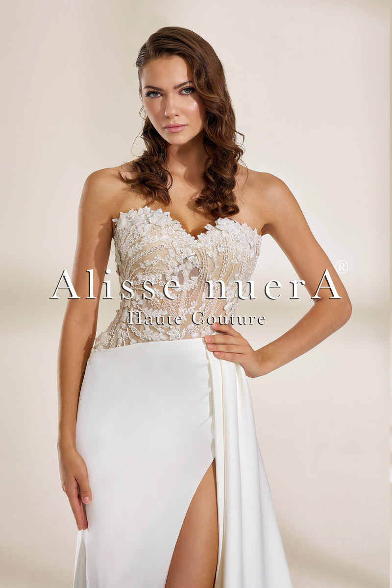 Blue Satin Strapless A-Line Ruched Long Wedding Guest Dress with Slit