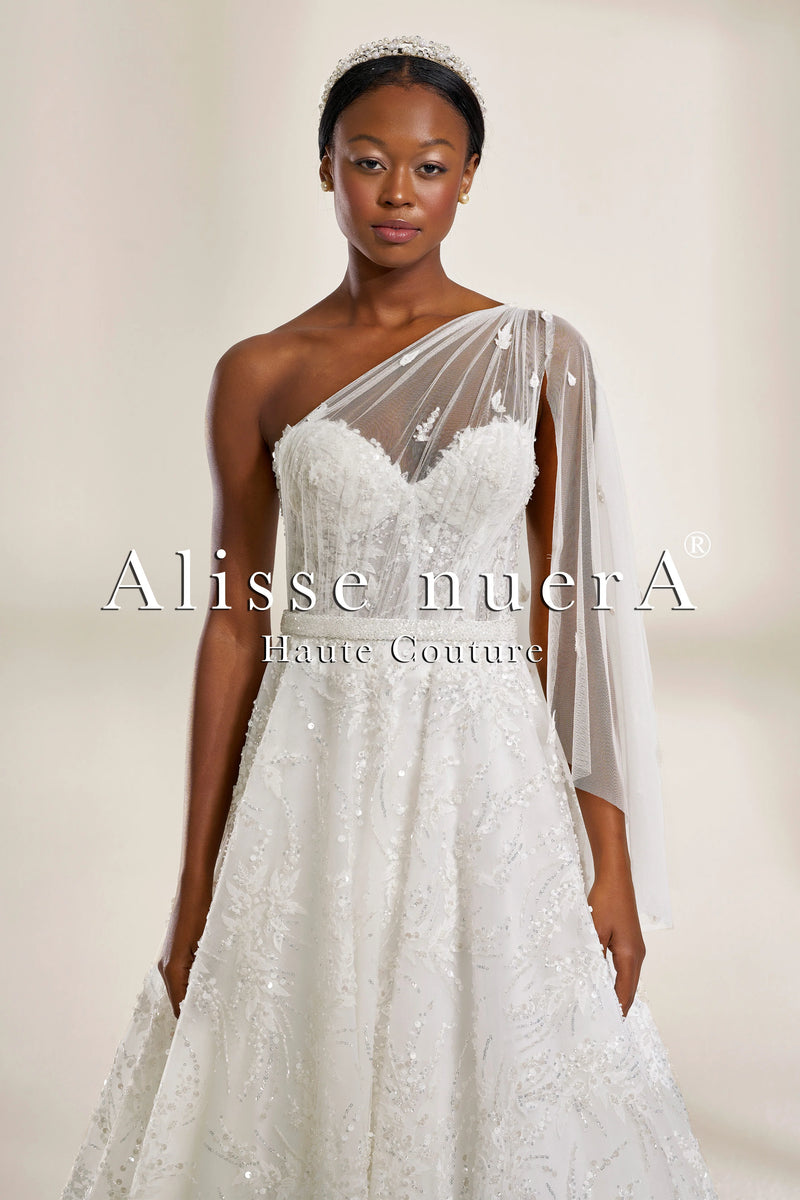 One-Shoulder Sweetheart Neckline All-Over Lace A-Line Wedding Dress - Alisse Bridal White / Lace / 12 One-Shoulder Sweetheart Neckline All-Over Lace A-Line Wedding Dress - Alisse Bridal White / Lace / 12
