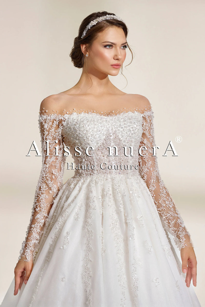 Pearl-Embellished Off-the-Shoulder A-Line Lace Wedding Dress with Long Sleeves