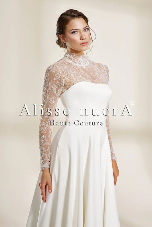 Satin Wedding Dress with French Lace Long Sleeves, Thigh-High Slit, and Mini Dress Lining
