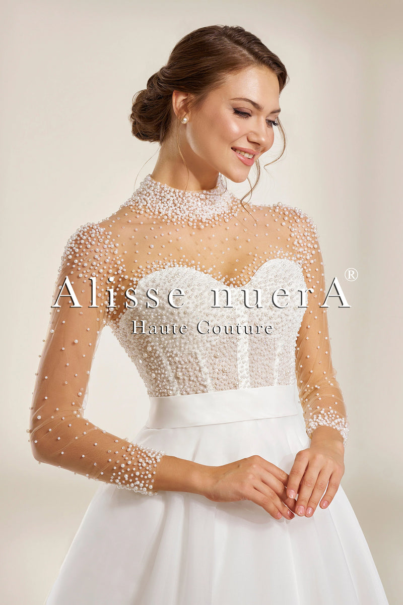 Strapless Organza A-Line Wedding Dress with Pearl-Embellished Illusion
