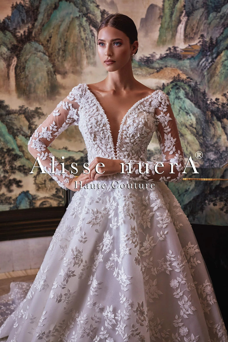 Plunging V Neck Winter White Floral A Line Wedding Dress with Transparent Tulle Sleeve - Alisse Bridal Snow/Winter/Diamond White / Lace / 14 Plunging V Neck Winter White Floral A Line Wedding Dress with Transparent Tulle Sleeve - Alisse Bridal Snow/Winter/Diamond White / Lace / 14
