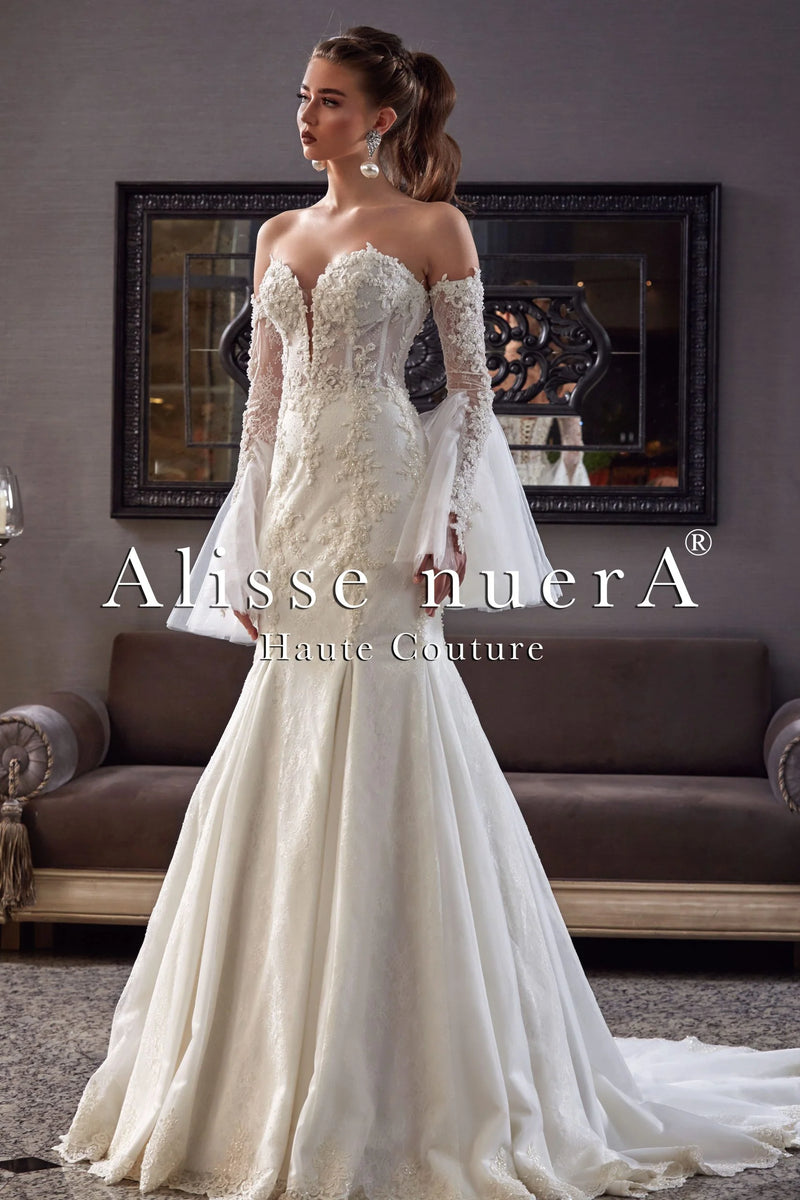 Sweetheart Floral Lace Mermaid Bridal Dress 2 in 1 Look With Detachable Long Sleeve Sweetheart Floral Lace Mermaid Bridal Dress 2 in 1 Look With Detachable Long Sleeve