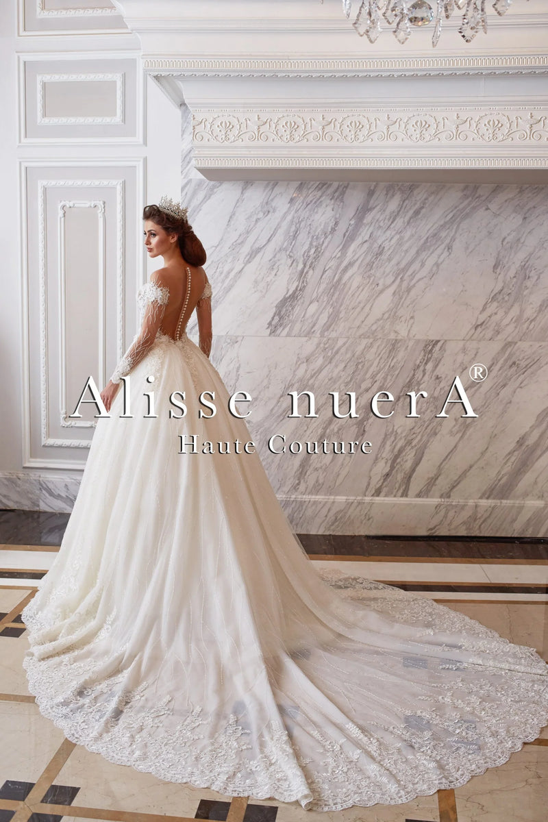 Winter White Princess Wedding Gown with Off Shoulder Illusion Transparent Long Sleeve Winter White Princess Wedding Gown with Off Shoulder Illusion Transparent Long Sleeve