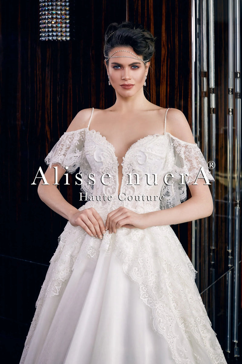 Boho Lace Ivory Wedding Dress with Flared Short Sleeve - Alisse Bridal Ivory / Lace / 18 Boho Lace Ivory Wedding Dress with Flared Short Sleeve - Alisse Bridal Ivory / Lace / 18
