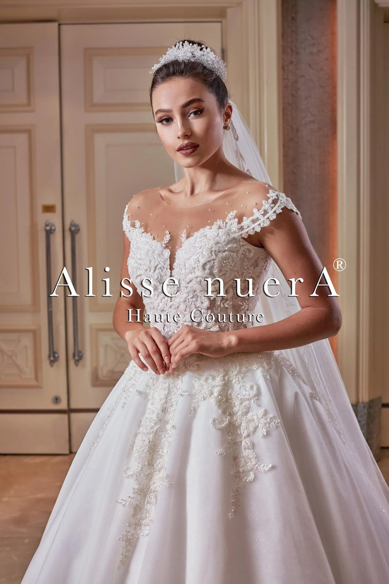 Off Shoulder Illusion Scalloped Lace Hemline Wedding Dress Off White / Lace