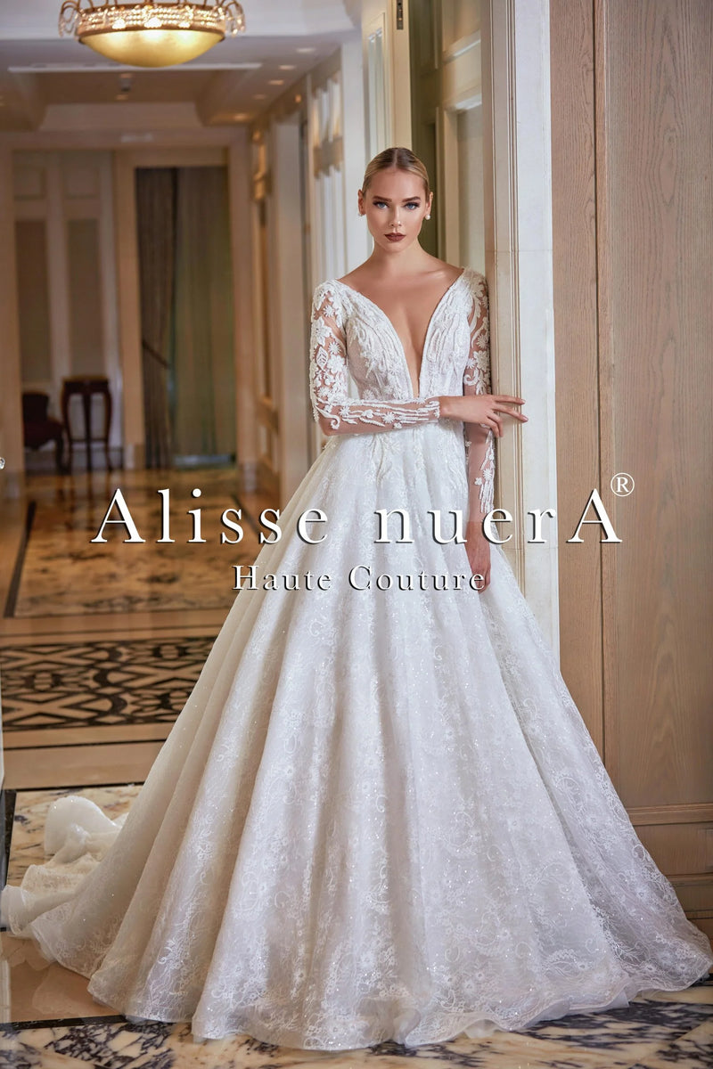 Off White Long Sleeve Plunging Neck A Line Bridal Dress with Court Train Off White / Lace / 28