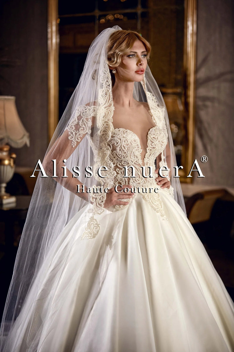 Pearl Embroidered Bodice Cream Color Ball Gown Wedding Dress with Applique Bridal Veil 14 / Off White / Satin Pearl Embroidered Bodice Cream Color Ball Gown Wedding Dress with Applique Bridal Veil 14 / Off White / Satin