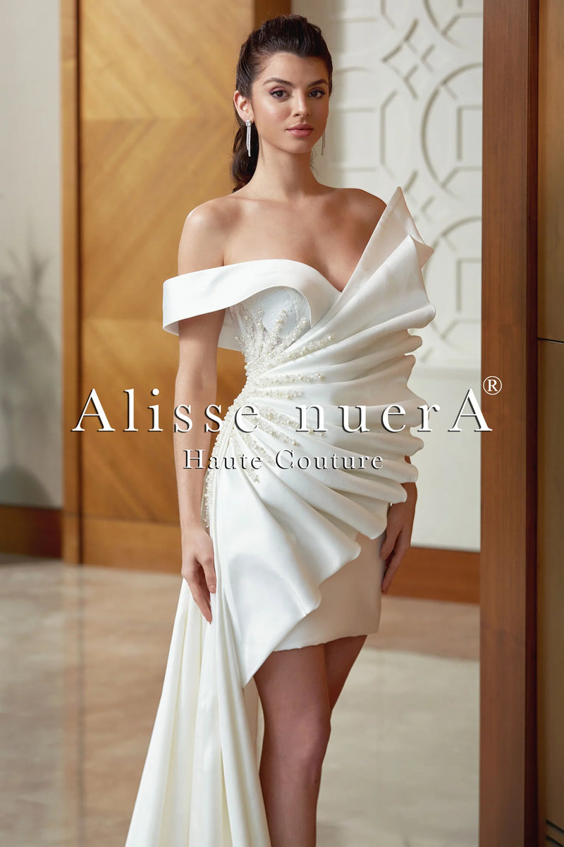 Short Front Long Back Embroidered Satin Wedding Dress Model - Alisse Bridal 18 / White / Saten Short Front Long Back Embroidered Satin Wedding Dress Model - Alisse Bridal 18 / White / Saten