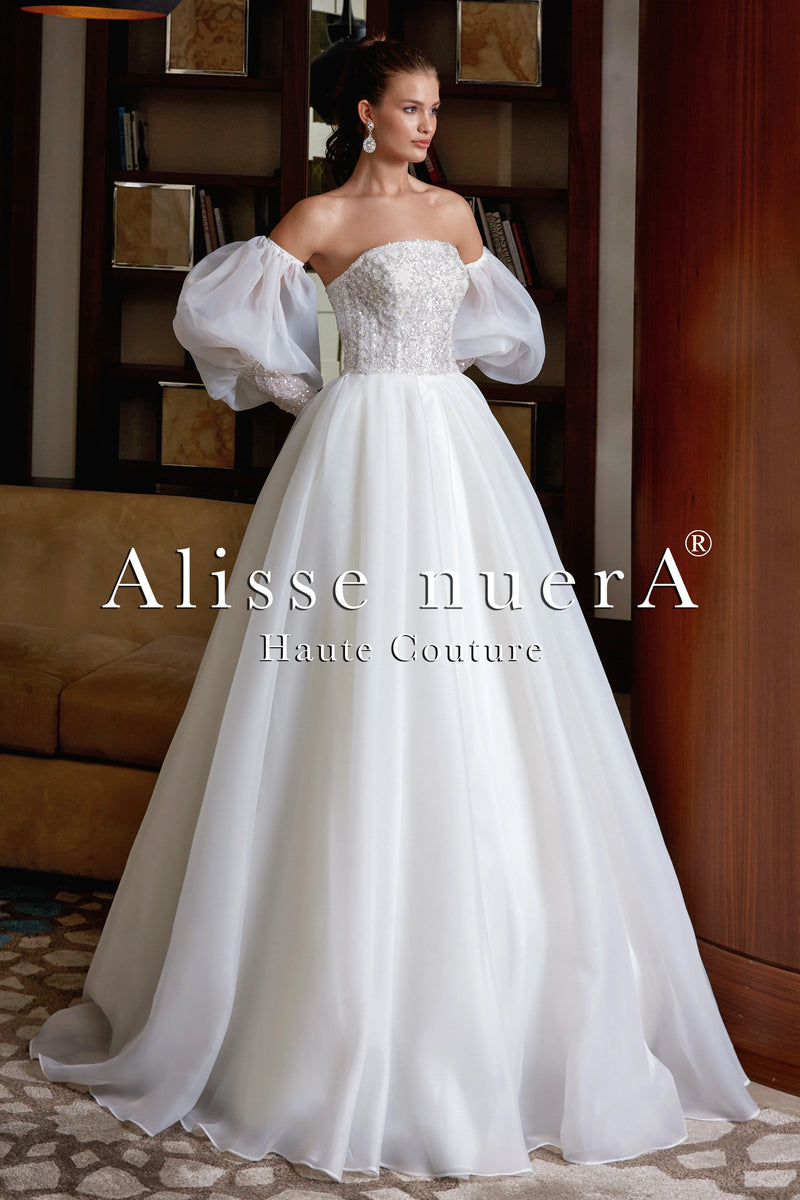 pleated strapless wedding dress with empire waist Collar Balloon Sleeve Trending Fall Dresses for over500highsellwithstock Pleated bodice Low Iron If Needed Color:taro beige