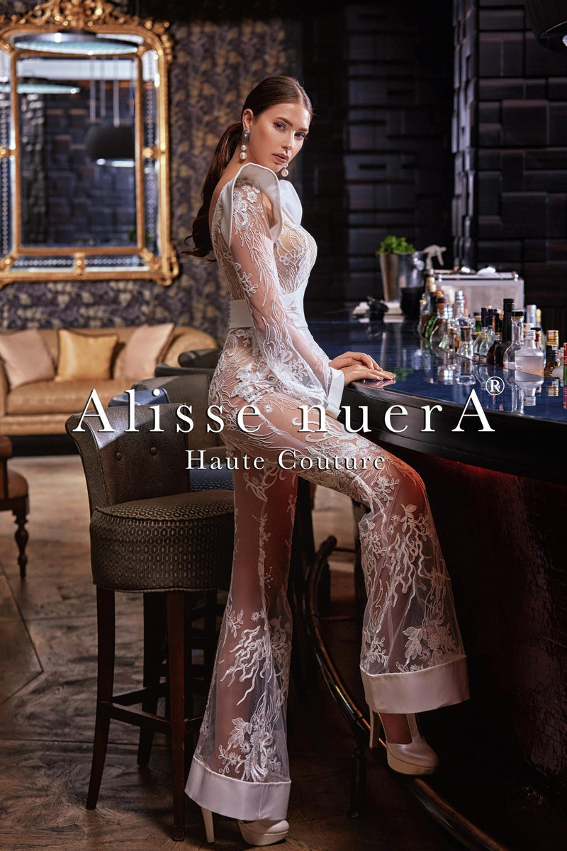Transparent Long Sleeve V Neck Lace After Party Jumpsuit - Alisse Bridal Off White / Lace / 12