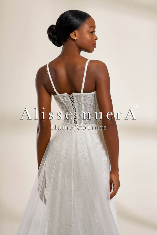 Convertible Polka Dot Lace Mermaid and A-Line Wedding Dress with Sheer Overskirt