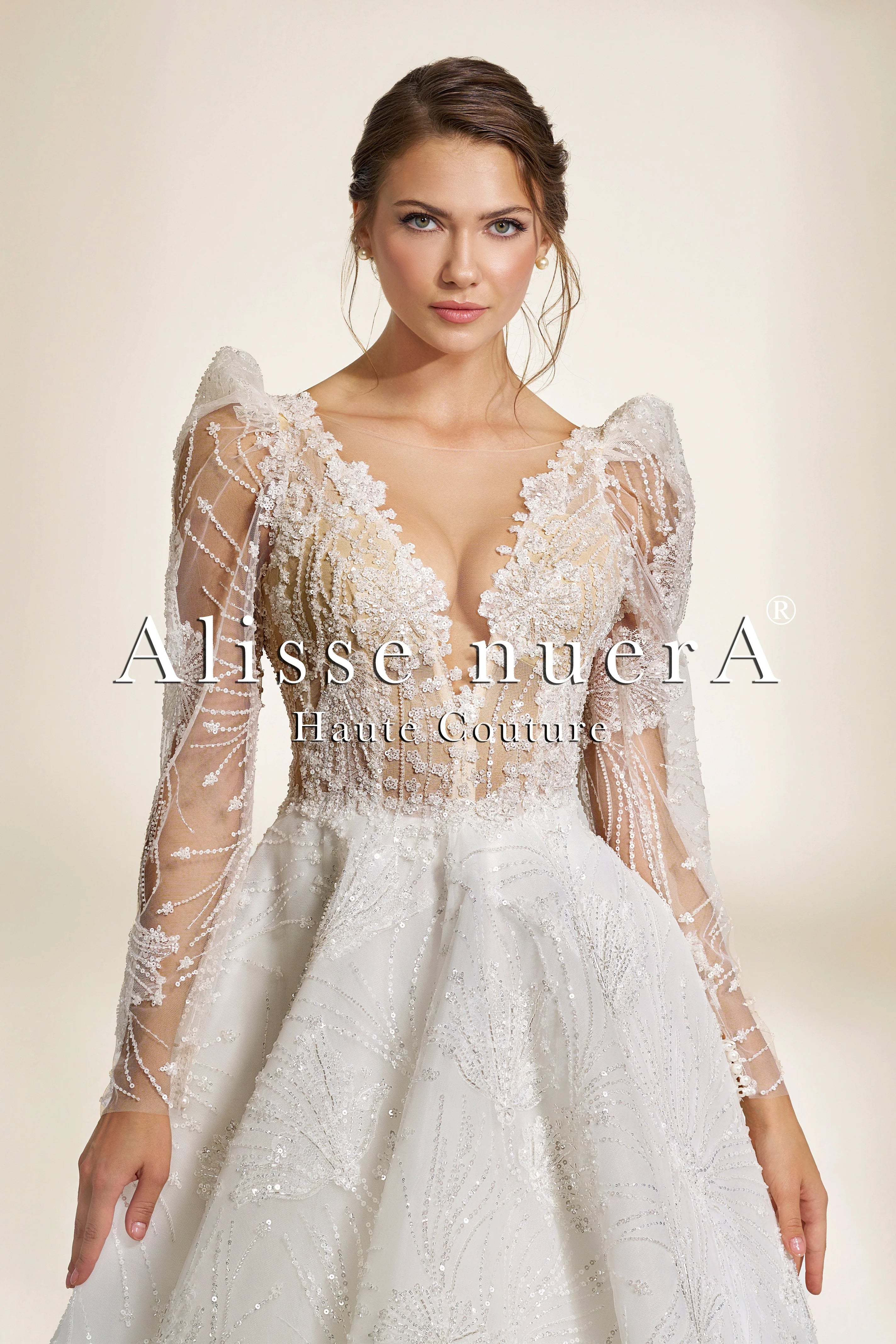 Deep V Neck A Line Wedding Dress with Sheer Beaded Long Sleeves and Lace Appliqus - Alisse Bridal White / Lace / 16 Deep V Neck A Line Wedding Dress with Sheer Beaded Long Sleeves and Lace Appliqus - Alisse Bridal White / Lace / 16