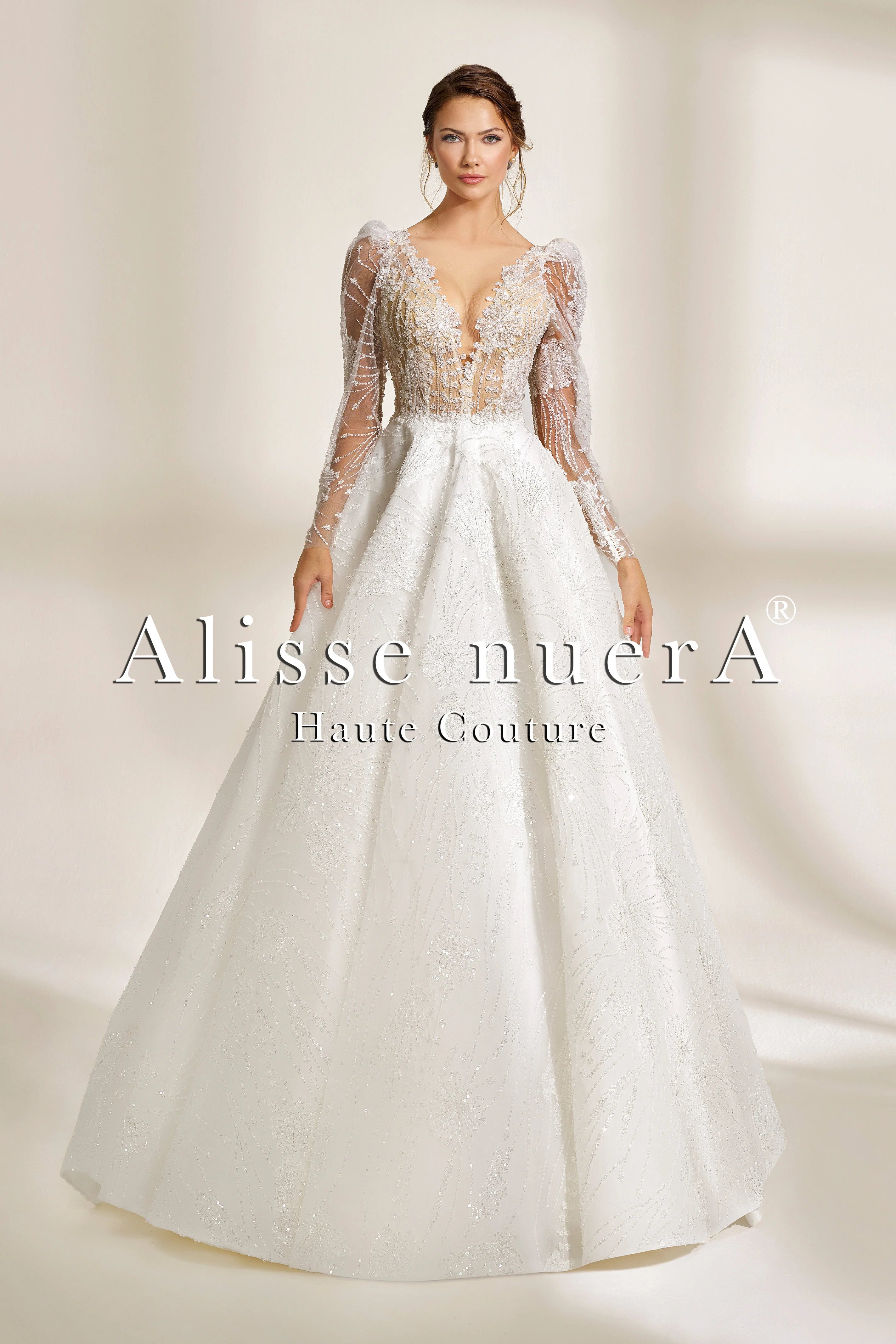 Deep V Neck A Line Wedding Dress with Sheer Beaded Long Sleeves and Lace Appliqus - Alisse Bridal White / Lace / 10 Deep V Neck A Line Wedding Dress with Sheer Beaded Long Sleeves and Lace Appliqus - Alisse Bridal White / Lace / 10