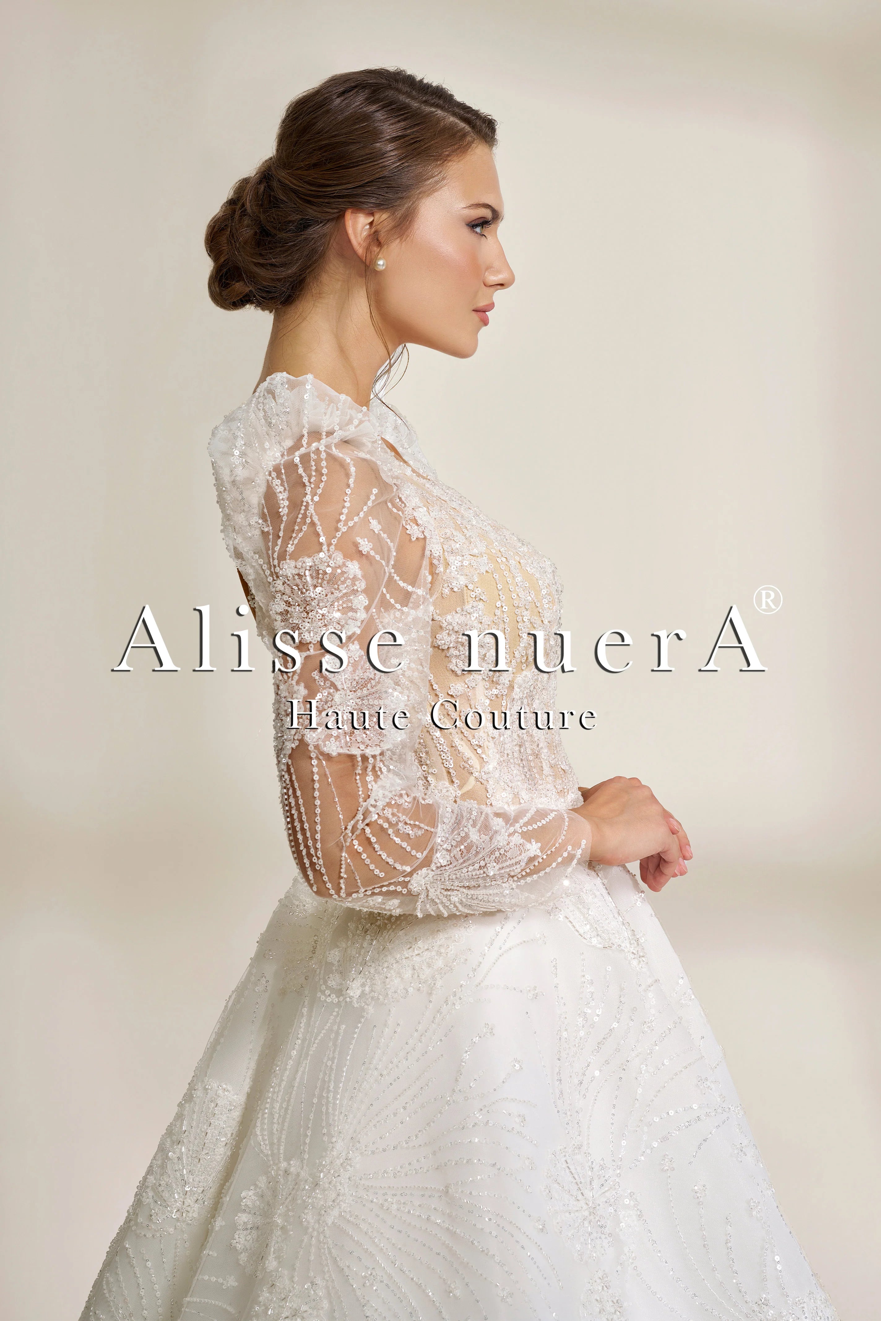 Deep V Neck A Line Wedding Dress with Sheer Beaded Long Sleeves and Lace Appliqus - Alisse Bridal White / Lace / 10 Deep V Neck A Line Wedding Dress with Sheer Beaded Long Sleeves and Lace Appliqus - Alisse Bridal White / Lace / 10