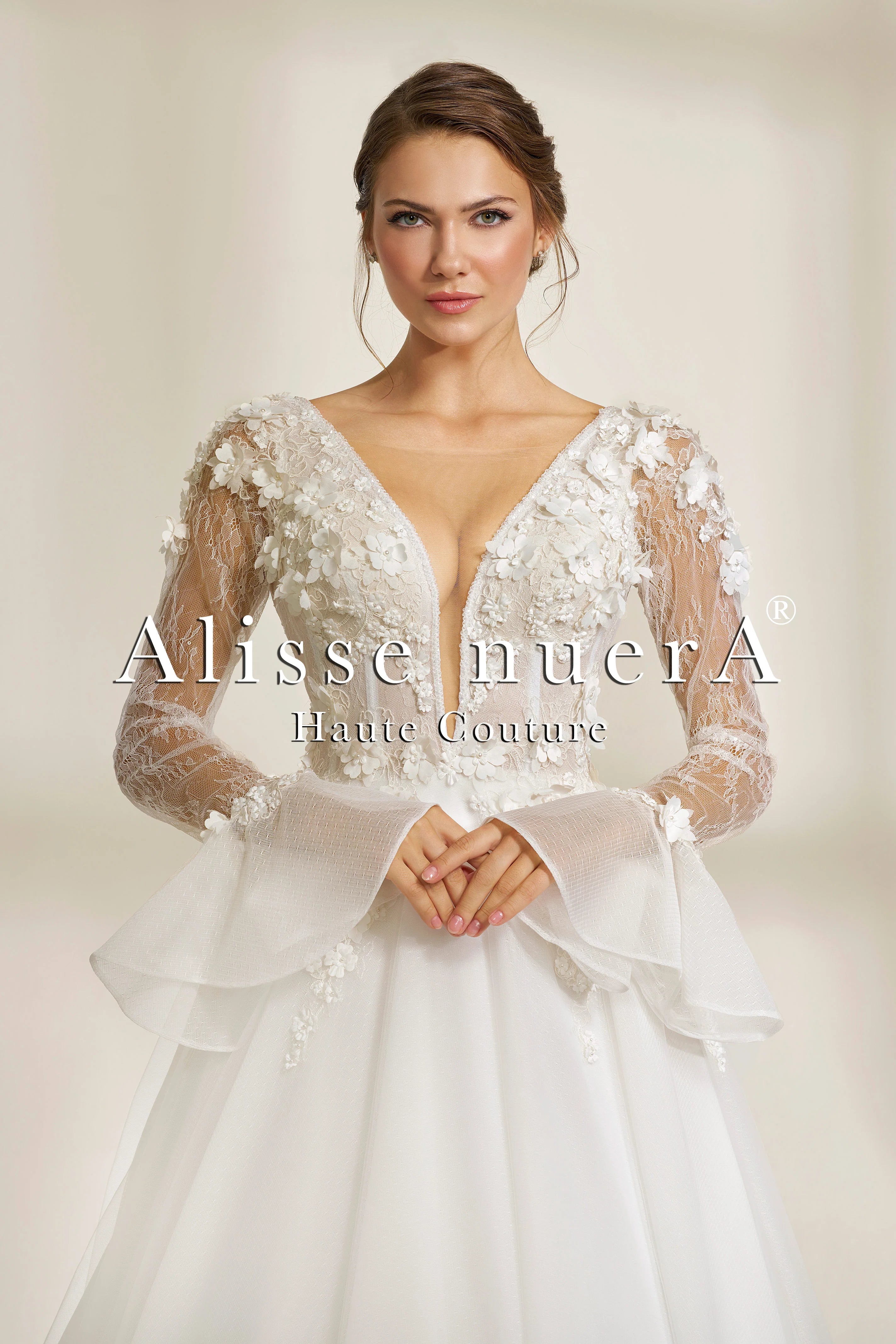 Deep V-Neck Bohemian Wedding Dress with Sheer Sleeves and 3D Floral Appliqus - Alisse Bridal White / French Lace / 2 Deep V-Neck Bohemian Wedding Dress with Sheer Sleeves and 3D Floral Appliqus - Alisse Bridal White / French Lace / 2