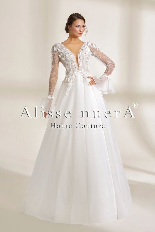 Deep V-Neck Bohemian Wedding Dress with Sheer Sleeves and 3D Floral Appliqués
