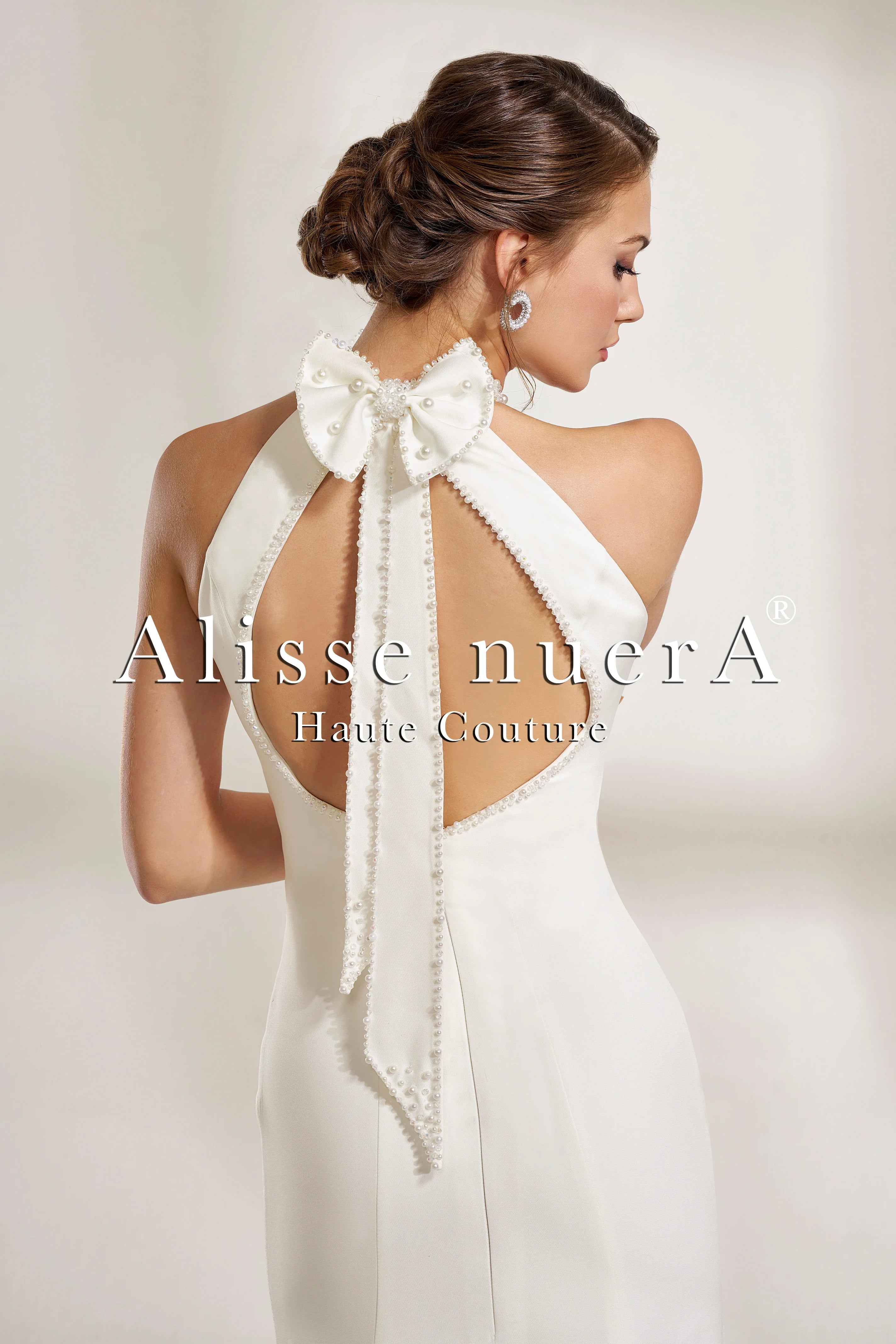 Embroidered Halter Neck Satin Mermaid Wedding Dress with Bow Detail - Alisse Bridal White / Satin / 28 Embroidered Halter Neck Satin Mermaid Wedding Dress with Bow Detail - Alisse Bridal White / Satin / 28