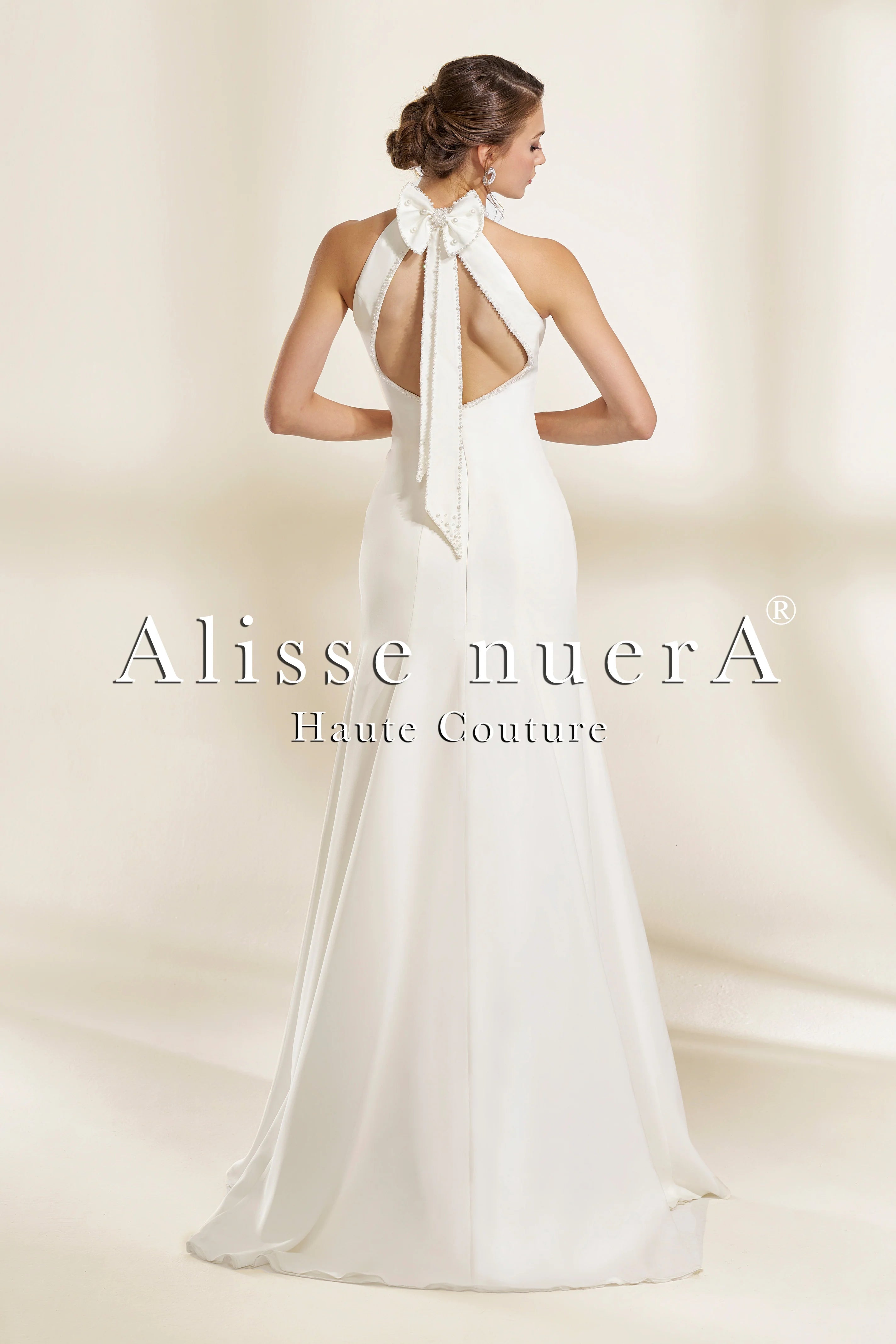 Embroidered Halter Neck Satin Mermaid Wedding Dress with Bow Detail - Alisse Bridal White / Satin / 28 Embroidered Halter Neck Satin Mermaid Wedding Dress with Bow Detail - Alisse Bridal White / Satin / 28