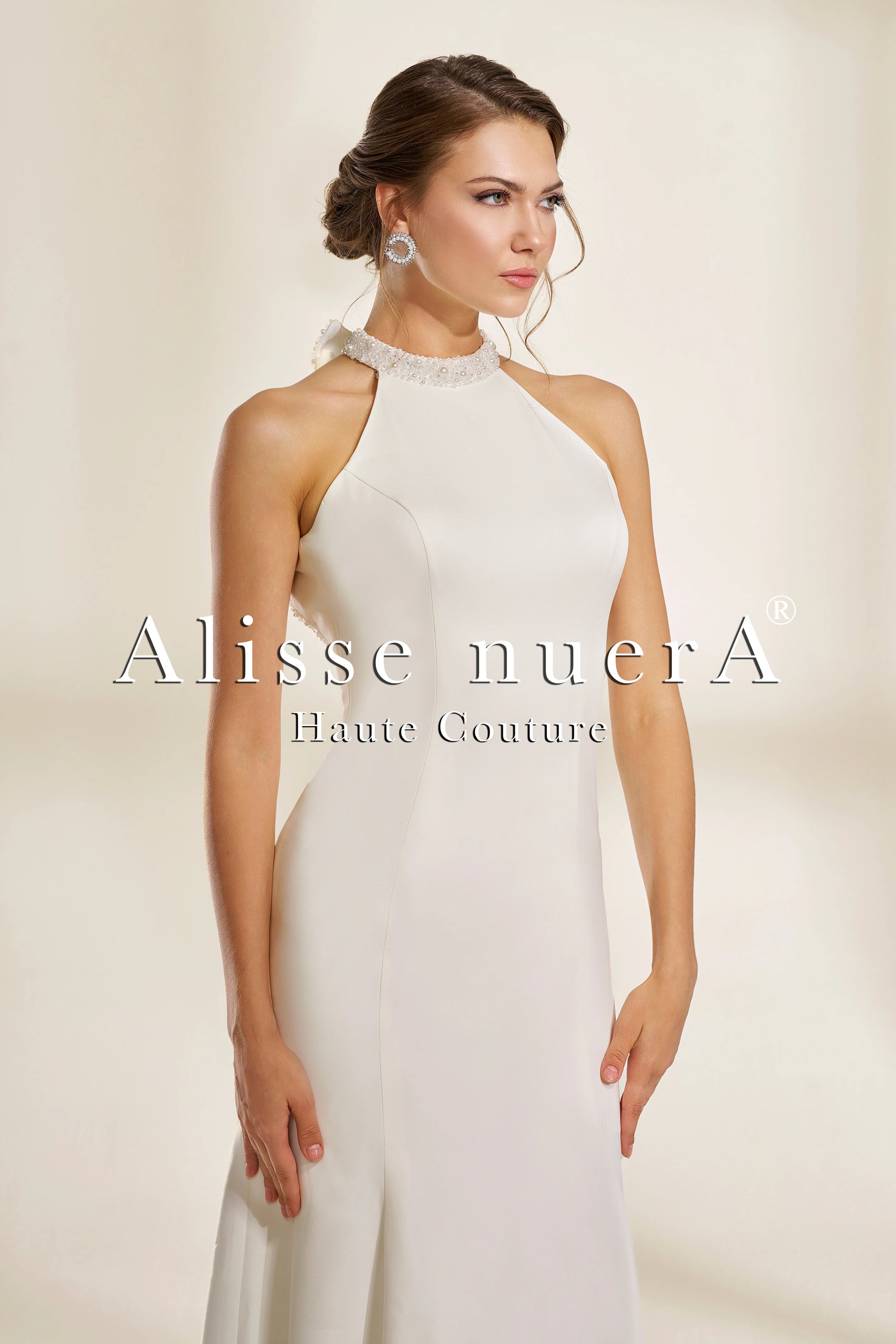 Embroidered Halter Neck Satin Mermaid Wedding Dress with Bow Detail - Alisse Bridal White / Satin / 28 Embroidered Halter Neck Satin Mermaid Wedding Dress with Bow Detail - Alisse Bridal White / Satin / 28