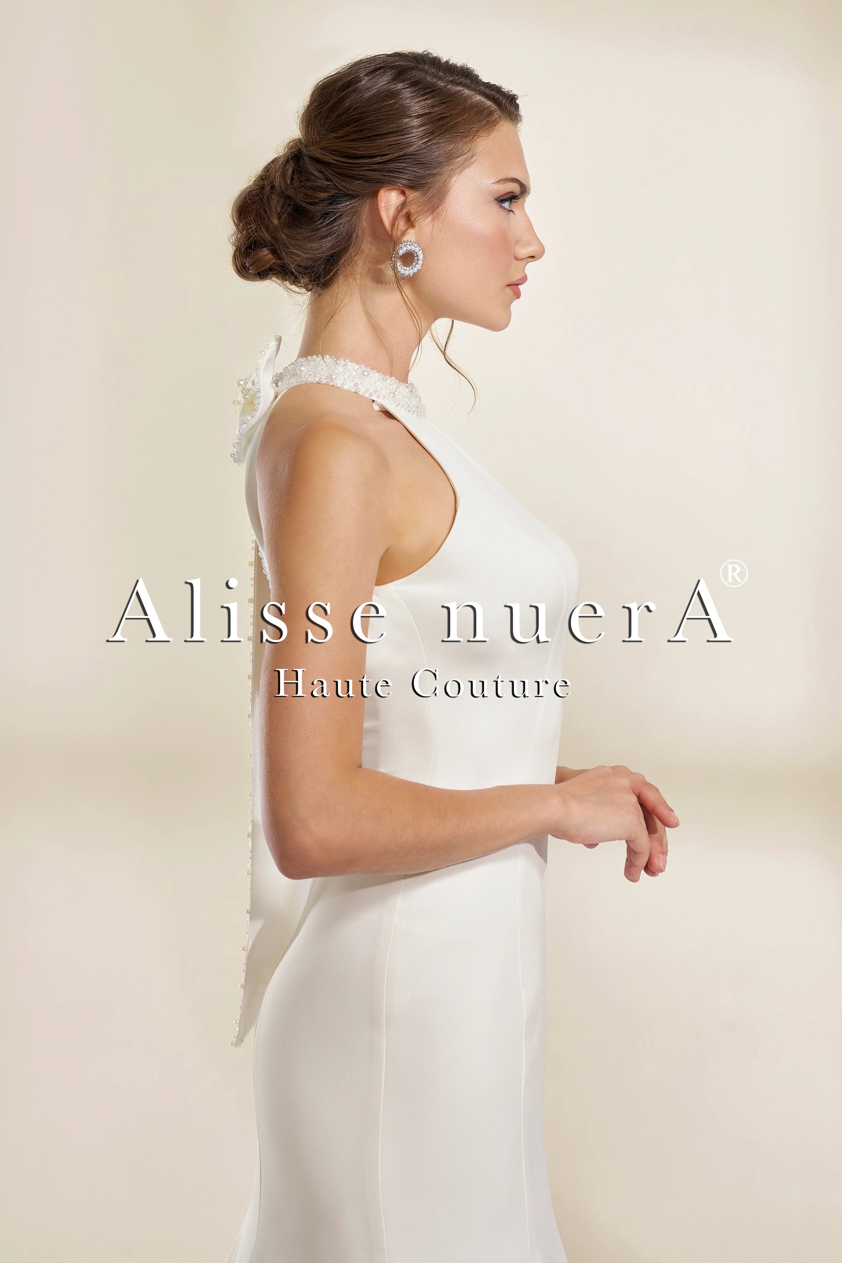 Embroidered Halter Neck Satin Mermaid Wedding Dress with Bow Detail - Alisse Bridal White / Satin / 28 Embroidered Halter Neck Satin Mermaid Wedding Dress with Bow Detail - Alisse Bridal White / Satin / 28