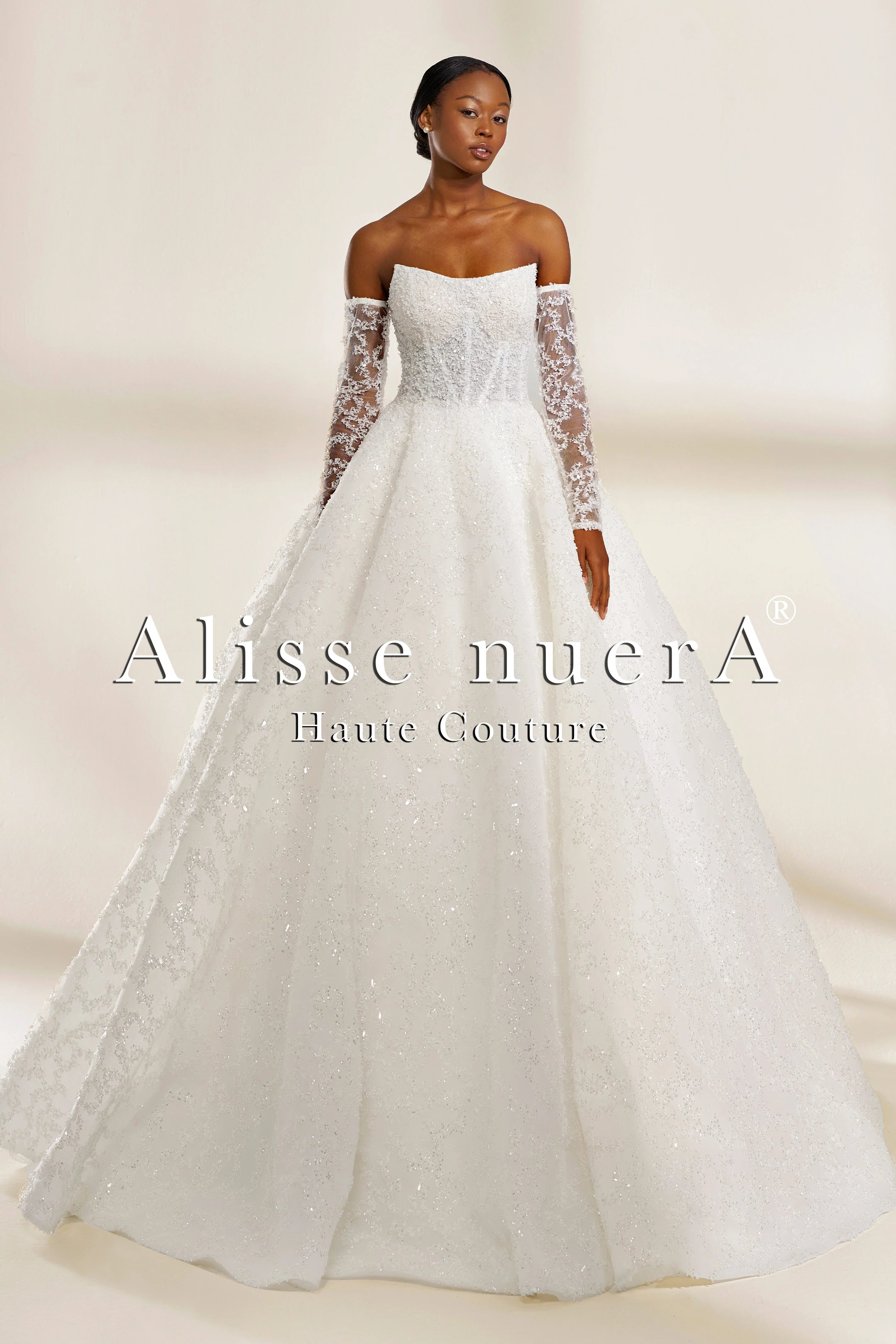 Luxurious Fully Embroidered Off-the-Shoulder A-Line Wedding Dress with Detachable Sleeves- Alisse Bridal Luxurious Fully Embroidered Off-the-Shoulder A-Line Wedding Dress with Detachable Sleeves- Alisse Bridal
