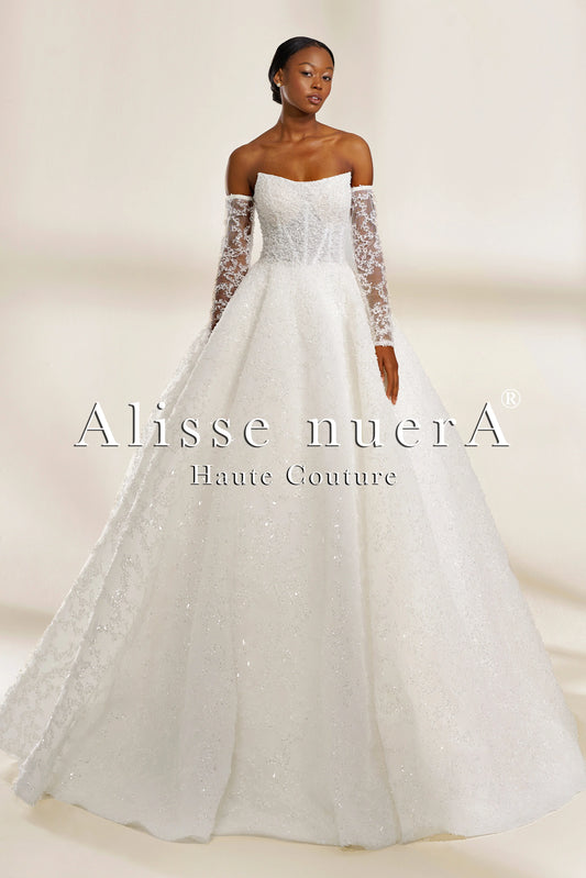 Luxurious Fully Embroidered Off-the-Shoulder A-Line Wedding Dress with Detachable Sleeves
