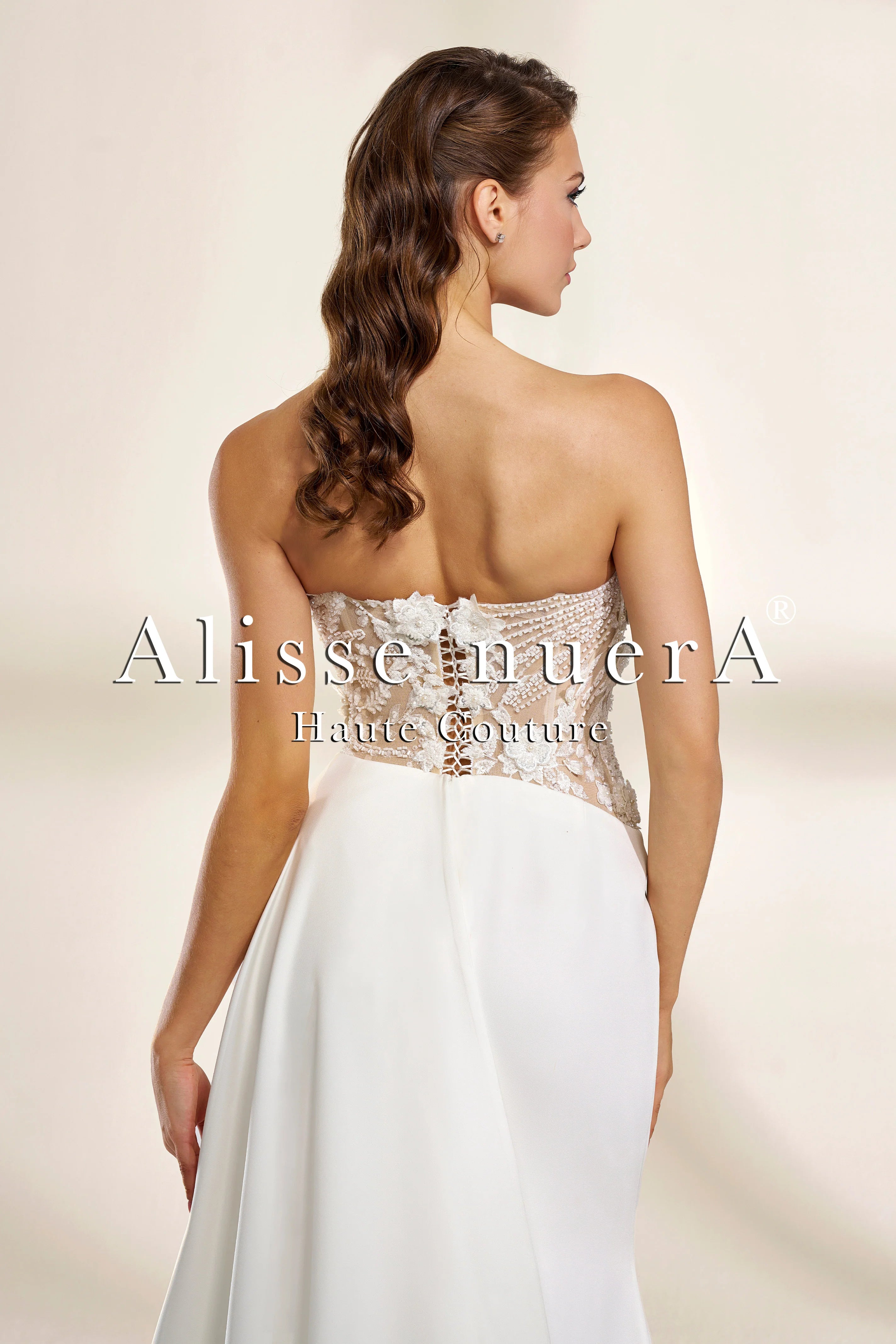 Luxurious Satin Strapless Wedding Dress with Deep Slit and Lace Embellished Bodice - Alisse Bridal White / Satin / 16 Luxurious Satin Strapless Wedding Dress with Deep Slit and Lace Embellished Bodice - Alisse Bridal White / Satin / 16