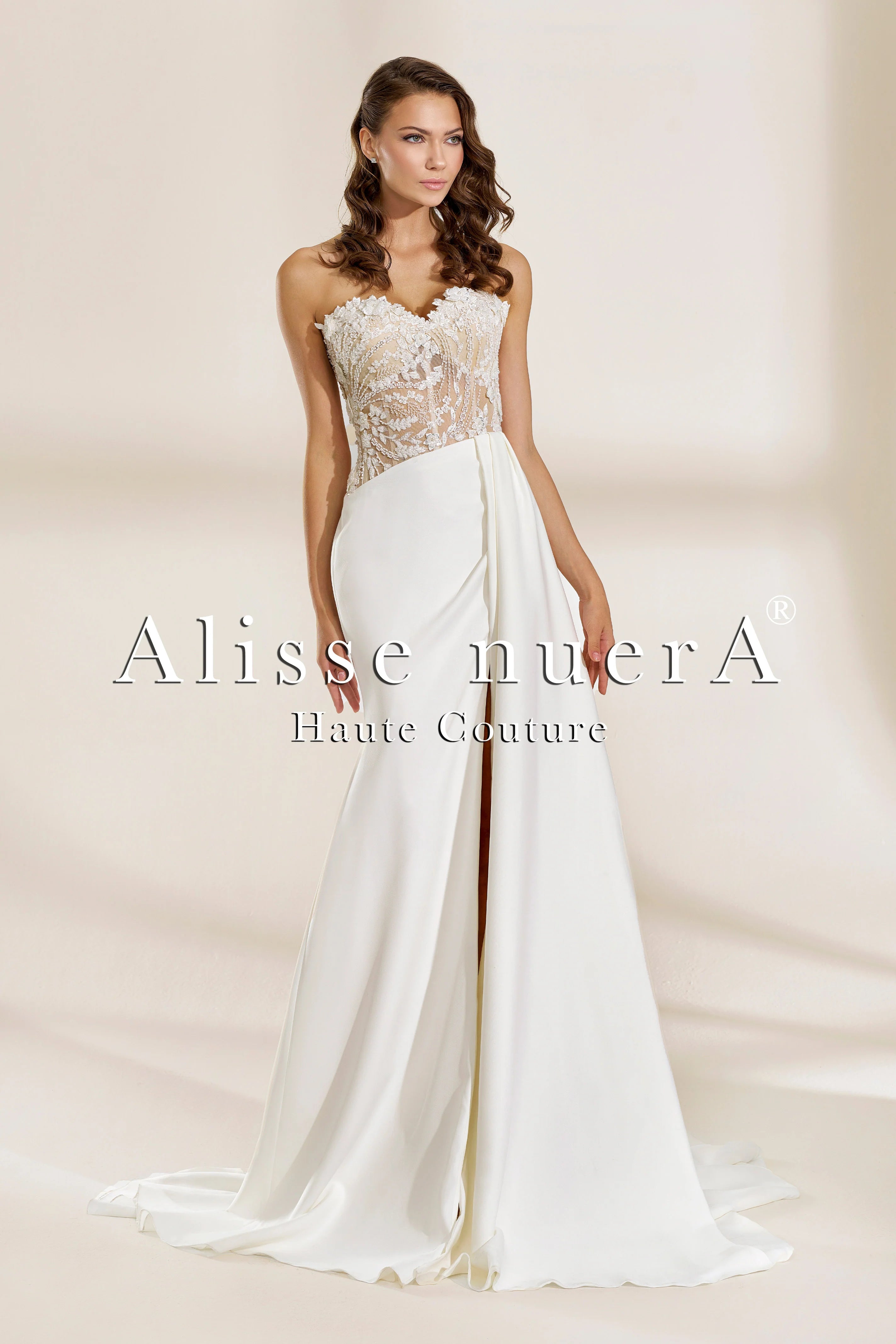 Luxurious Satin Strapless Wedding Dress with Deep Slit and Lace Embellished Bodice - Alisse Bridal White / Satin / 16 Luxurious Satin Strapless Wedding Dress with Deep Slit and Lace Embellished Bodice - Alisse Bridal White / Satin / 16