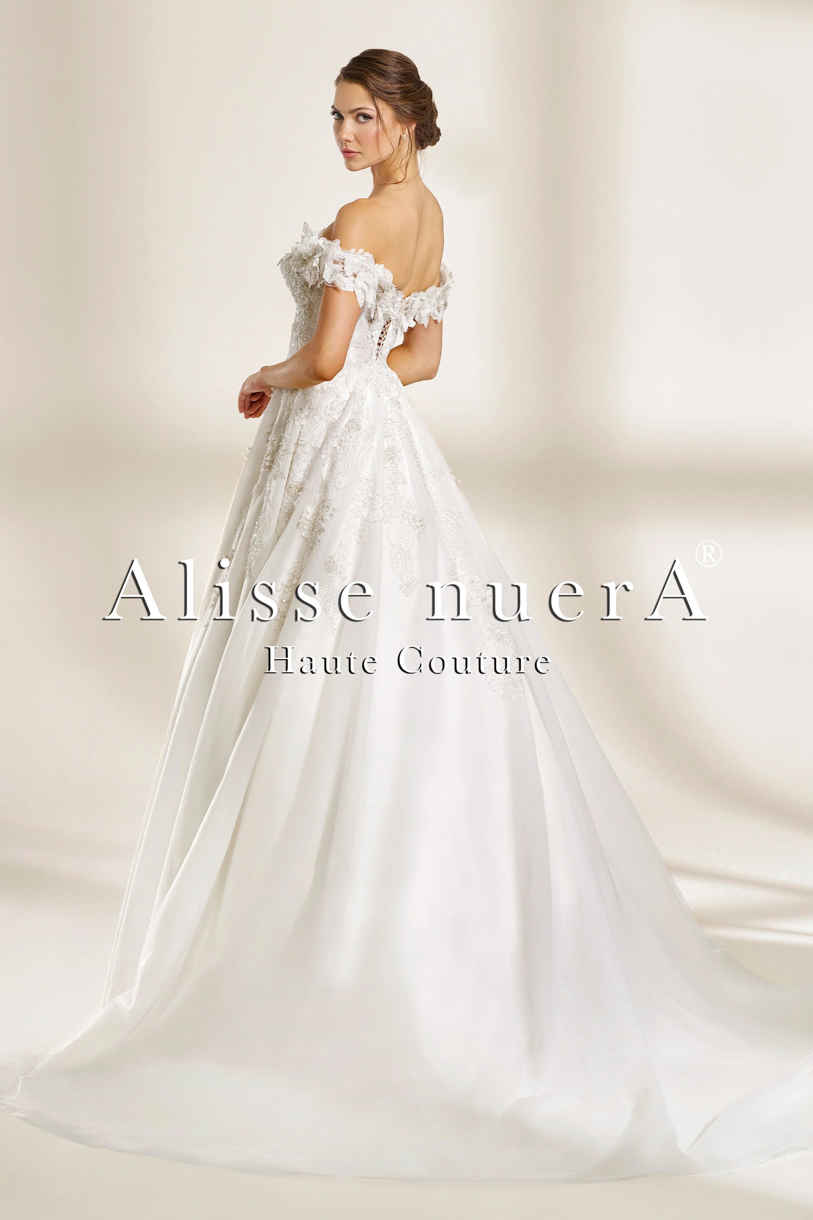 Off The Shoulder A Line Wedding Dress with 3D Leaf Appliqus - Alisse Bridal White / Lace / 16 Off The Shoulder A Line Wedding Dress with 3D Leaf Appliqus - Alisse Bridal White / Lace / 16