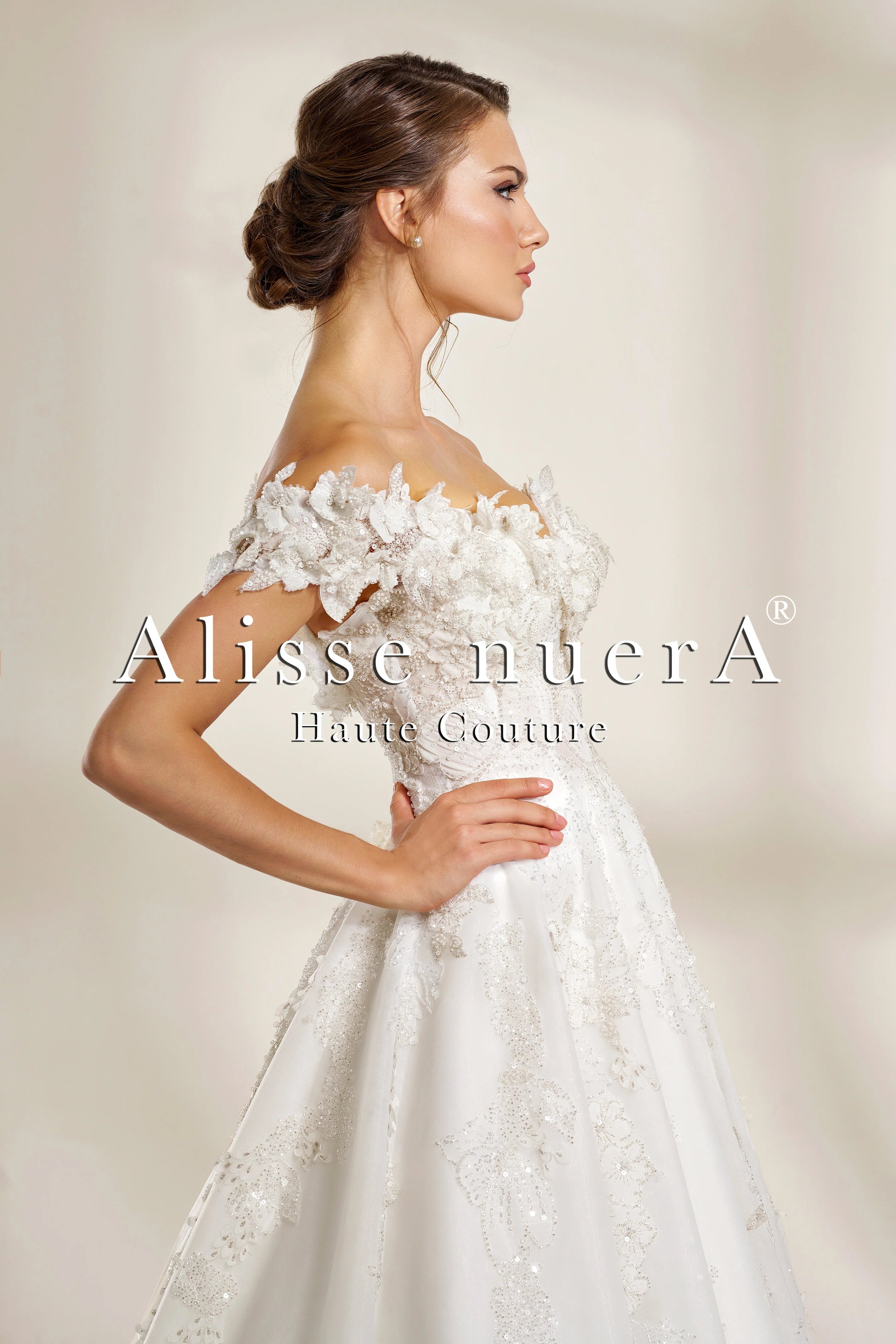 Off the Shoulder A Line Wedding Dress with 3D Leaf Appliqus - Alisse Bridal Off the Shoulder A Line Wedding Dress with 3D Leaf Appliqus - Alisse Bridal