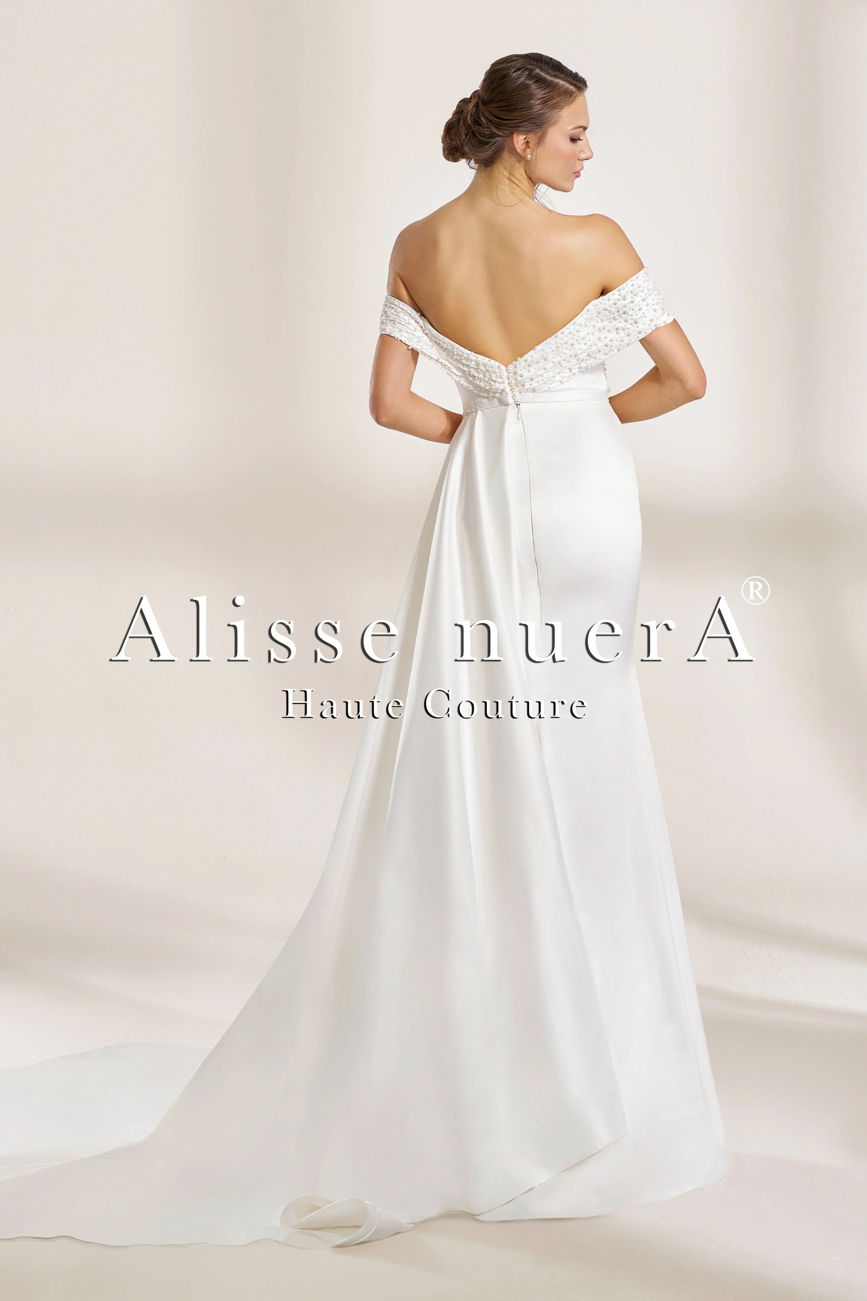Off the Shoulder Satin Sheath Wedding Dress with Draped Bodice and Pearl Embellished Waist - Alisse Bridal Off the Shoulder Satin Sheath Wedding Dress with Draped Bodice and Pearl Embellished Waist - Alisse Bridal