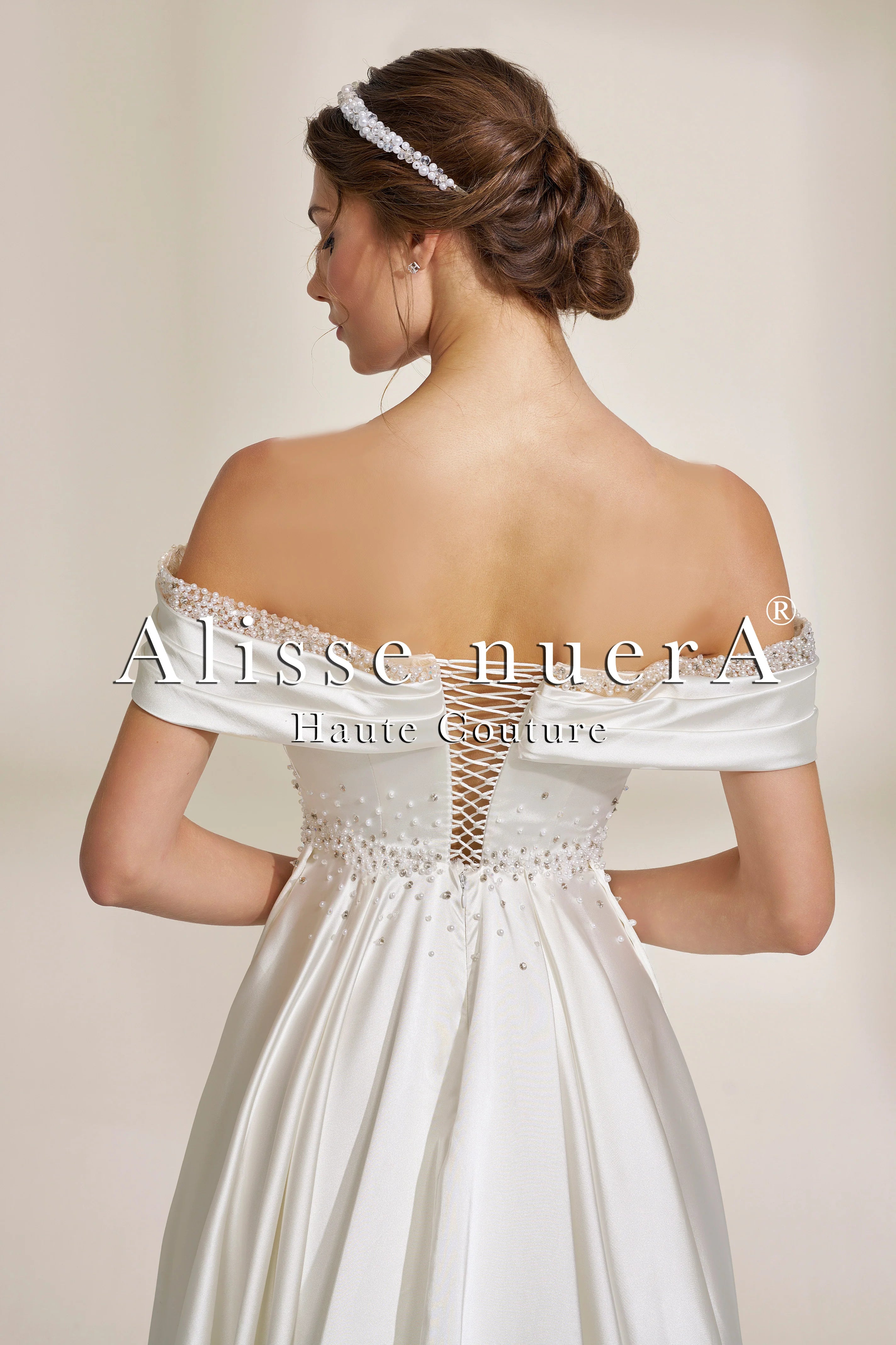 Off the Shoulder Satin Wedding Dress with Beaded Deep V Neckline - Alisse Bridal White / Satin / 24 Off the Shoulder Satin Wedding Dress with Beaded Deep V Neckline - Alisse Bridal White / Satin / 24