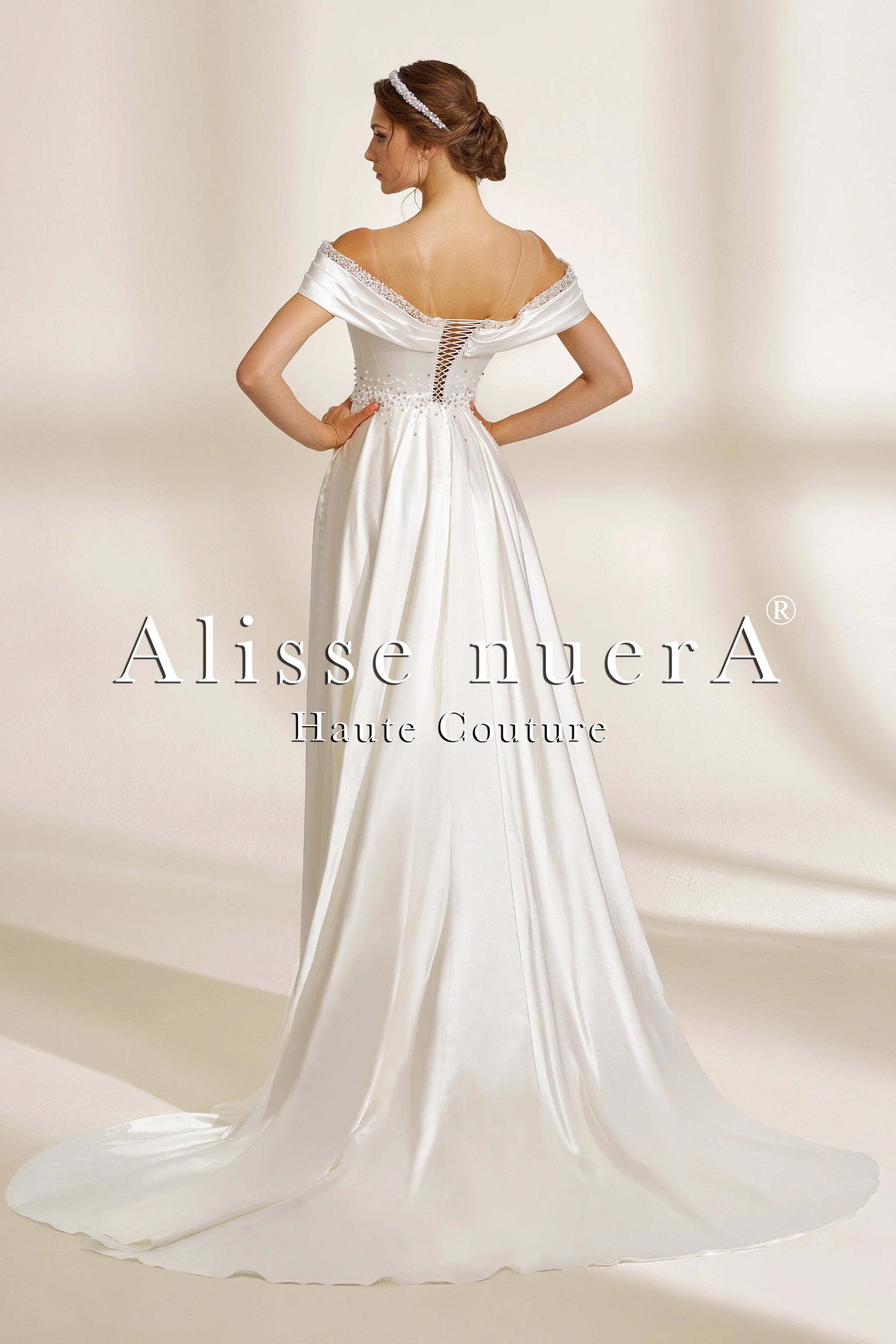 Off the Shoulder Satin Wedding Dress with Beaded Deep V Neckline - Alisse Bridal White / Satin / 10 Off the Shoulder Satin Wedding Dress with Beaded Deep V Neckline - Alisse Bridal White / Satin / 10
