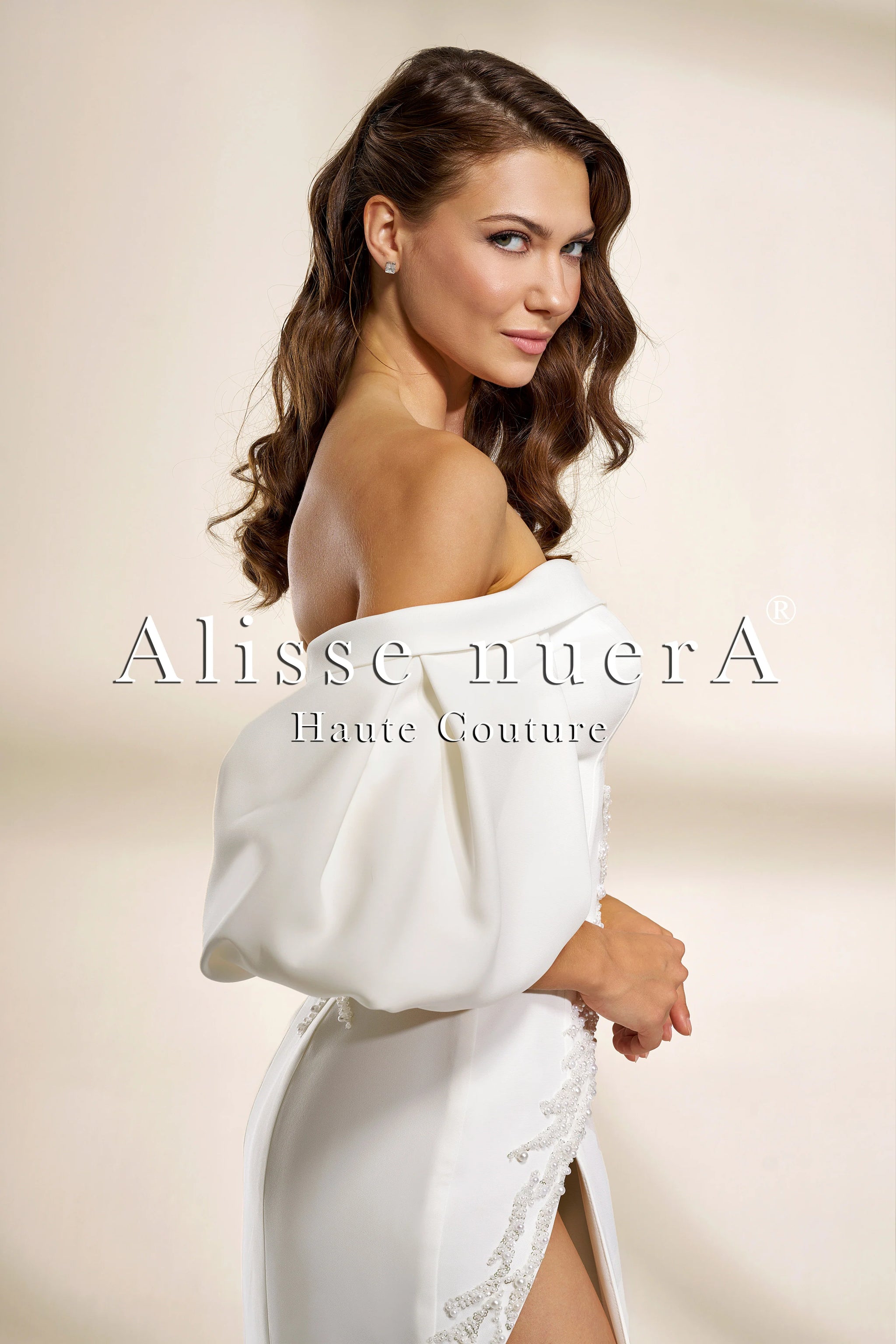 draped sleeve one shoulder dress Halter Neck One Shoulder Drape Sleeve Mermaid Gown M / White