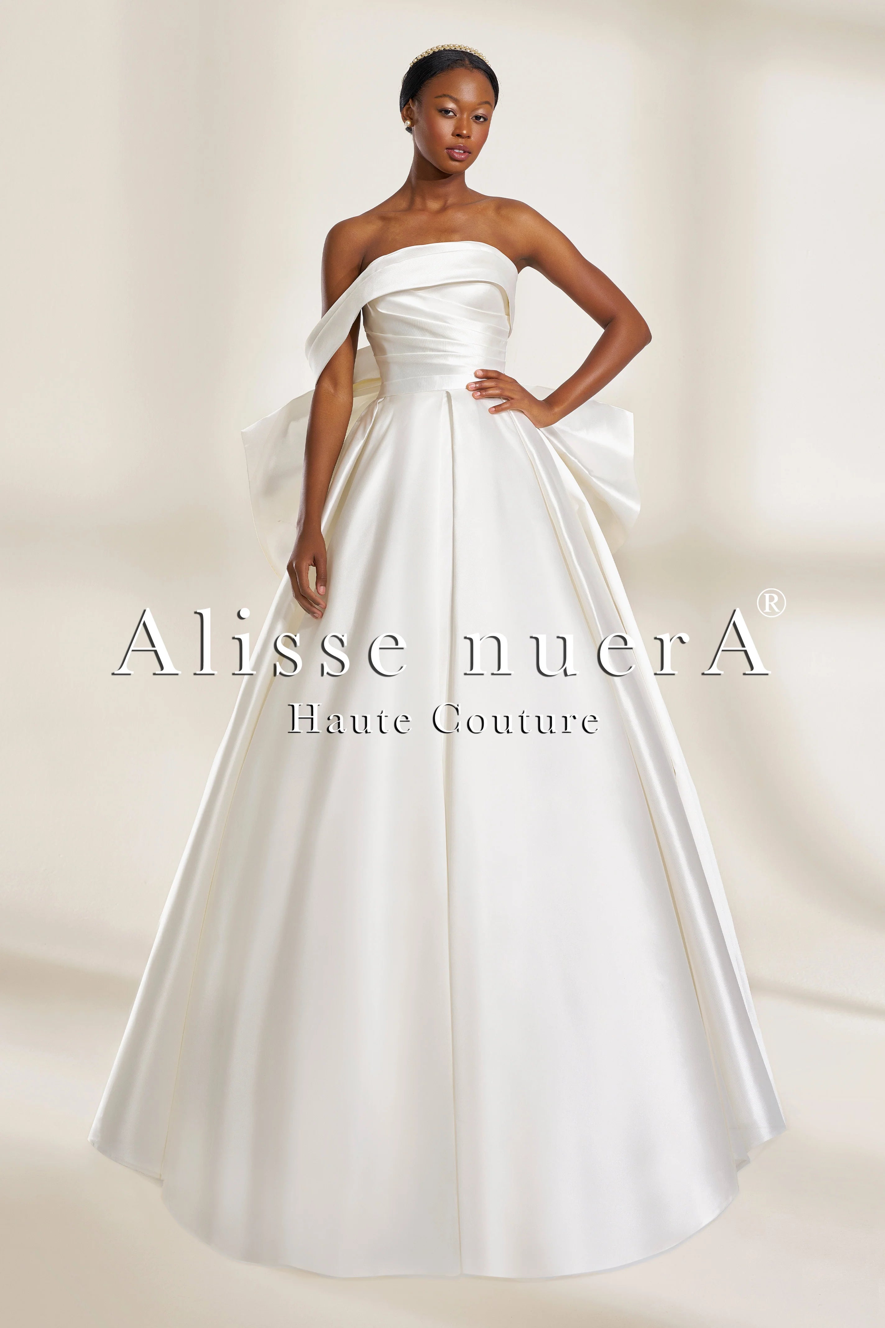 One-Shoulder Off-the-Shoulder Ziberline Wedding Dress with Bow Back Detail - Alisse Bridal White / Satin / 32 One-Shoulder Off-the-Shoulder Ziberline Wedding Dress with Bow Back Detail - Alisse Bridal White / Satin / 32