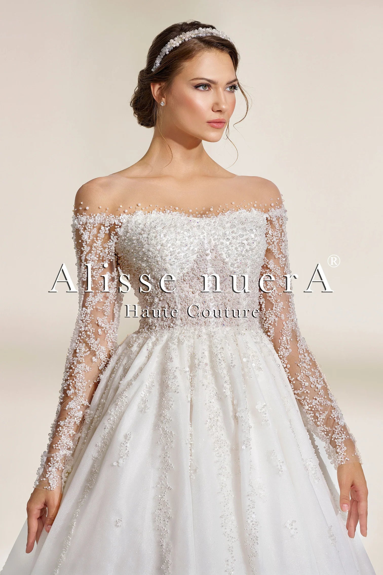 Pearl-Embellished Off-the-Shoulder A-Line Lace Wedding Dress with Long Sleeves - Alisse Bridal Pearl-Embellished Off-the-Shoulder A-Line Lace Wedding Dress with Long Sleeves - Alisse Bridal