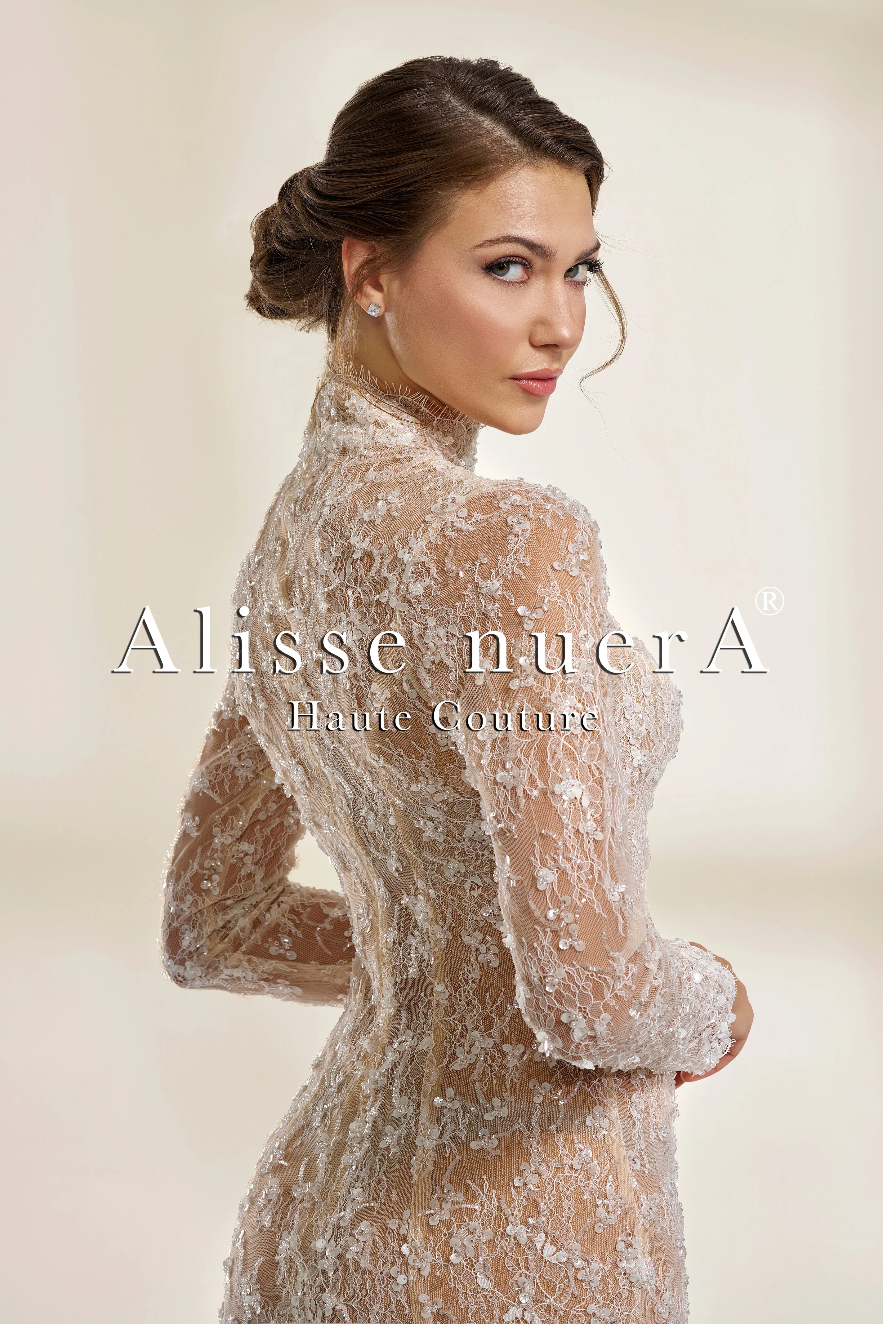 Satin Wedding Dress with French Lace Long Sleeves Thigh High Slit and Mini Dress Lining - Alisse Bridal Satin Wedding Dress with French Lace Long Sleeves Thigh High Slit and Mini Dress Lining - Alisse Bridal