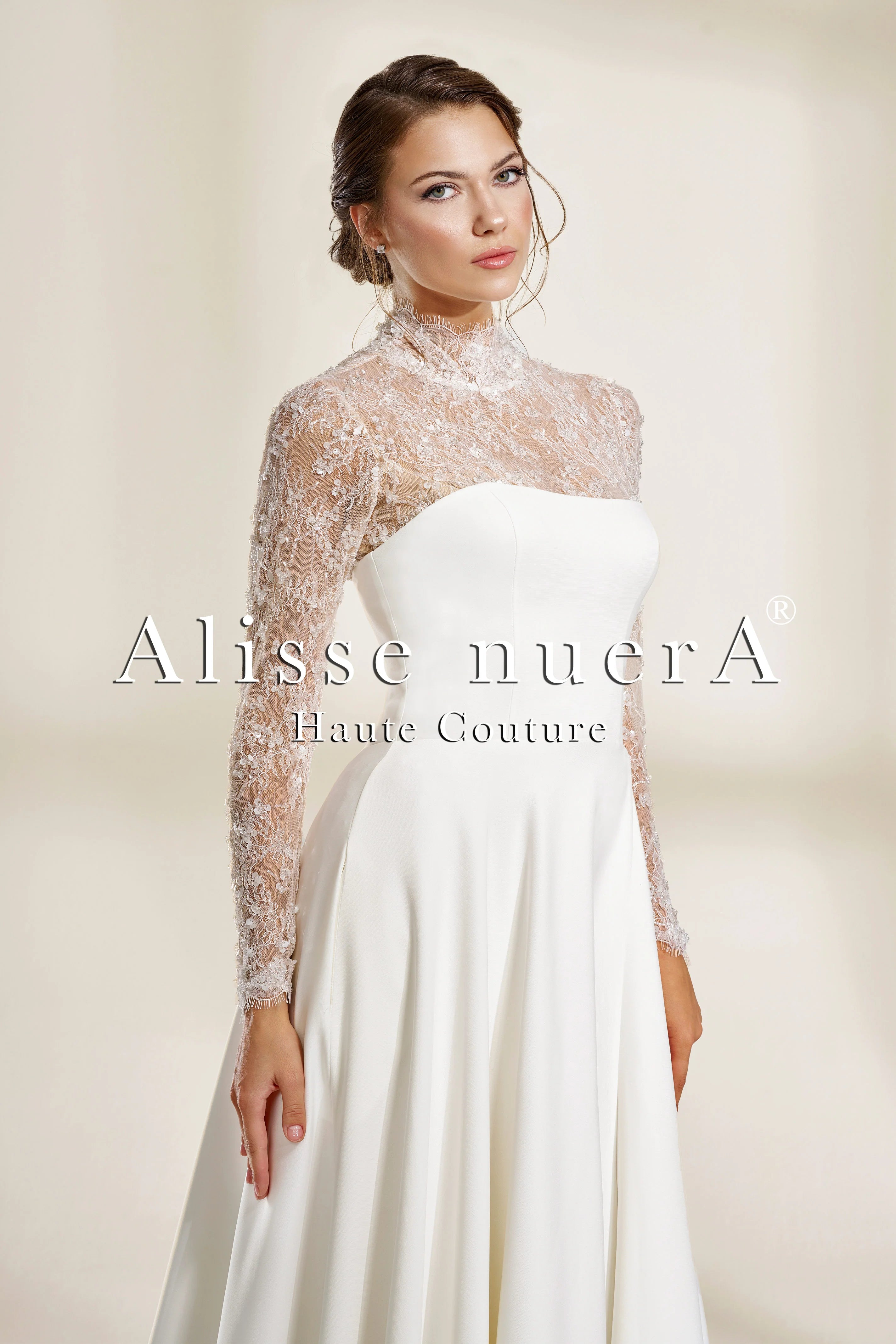 Satin Wedding Dress with French Lace Long Sleeves Thigh High Slit and Mini Dress Lining - Alisse Bridal Satin Wedding Dress with French Lace Long Sleeves Thigh High Slit and Mini Dress Lining - Alisse Bridal