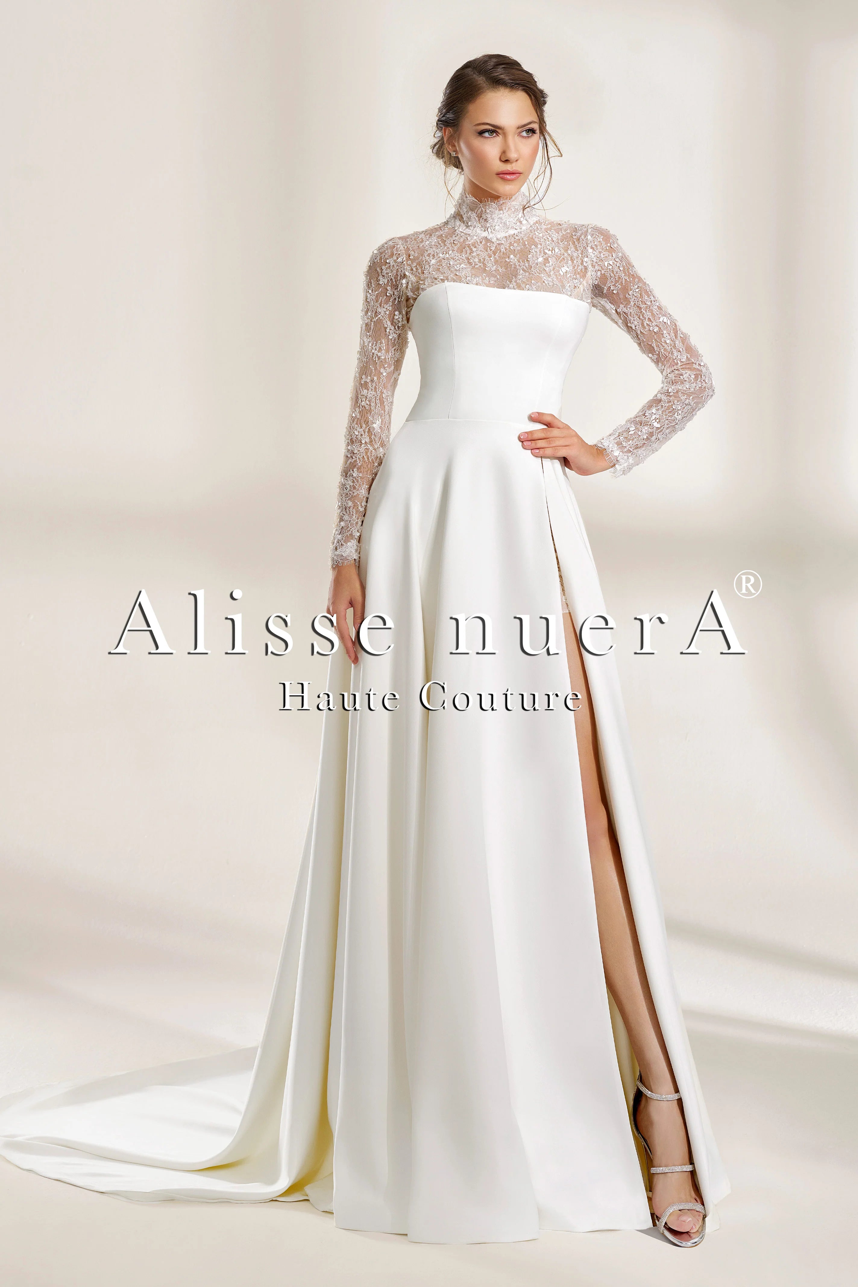 Satin Wedding Dress with French Lace Long Sleeves Thigh High Slit and Mini Dress Lining - Alisse Bridal White / French Lace / 30 Satin Wedding Dress with French Lace Long Sleeves Thigh High Slit and Mini Dress Lining - Alisse Bridal White / French Lace / 30