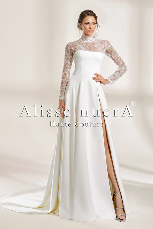 Satin Wedding Dress with French Lace Long Sleeves, Thigh-High Slit, and Mini Dress Lining