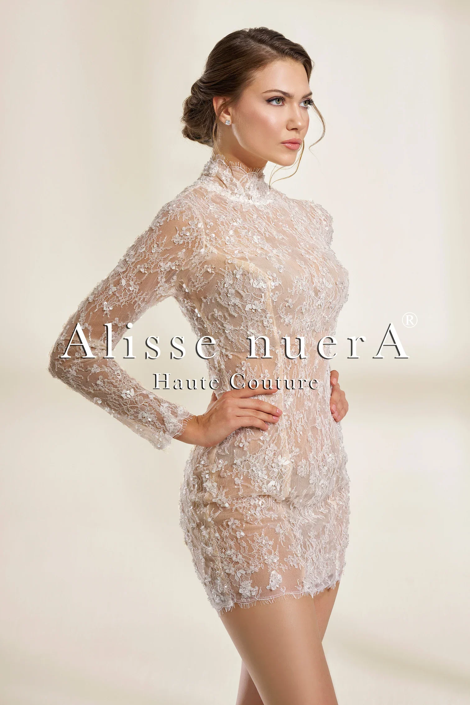 Satin Wedding Dress with French Lace Long Sleeves Thigh High Slit and Mini Dress Lining - Alisse Bridal White / French Lace / 30 Satin Wedding Dress with French Lace Long Sleeves Thigh High Slit and Mini Dress Lining - Alisse Bridal White / French Lace / 30