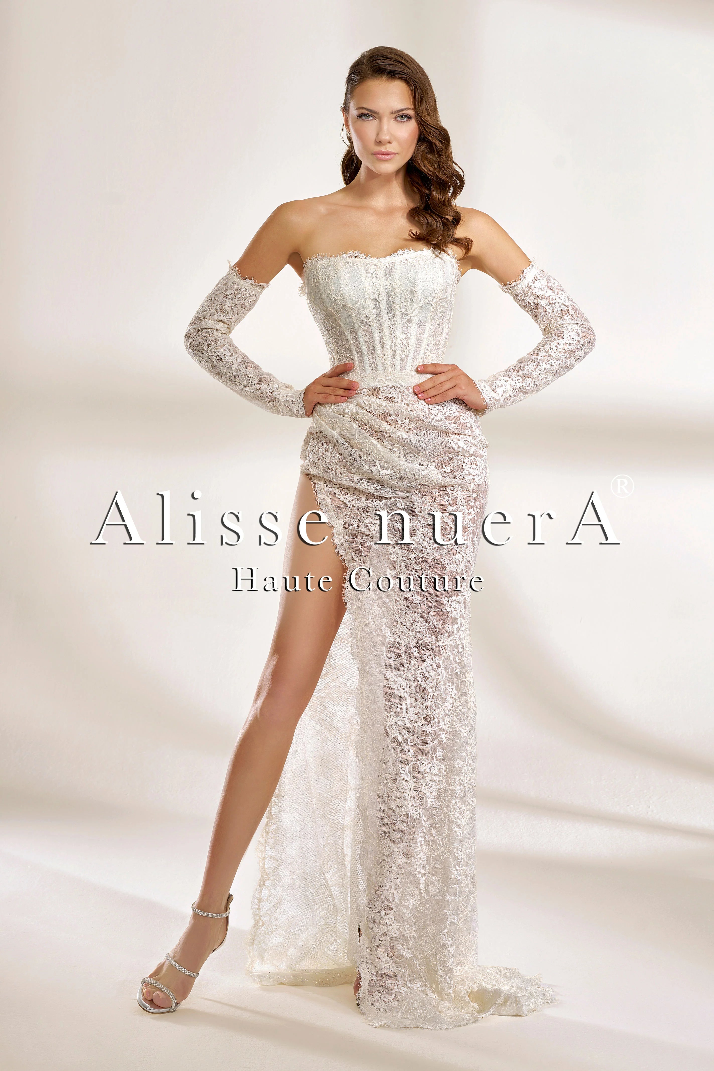 Strapless French Lace Wedding Dress with Detachable Long Sleeves and Thigh-High Slit - Alisse Bridal White / French Lace / 8 Strapless French Lace Wedding Dress with Detachable Long Sleeves and Thigh-High Slit - Alisse Bridal White / French Lace / 8