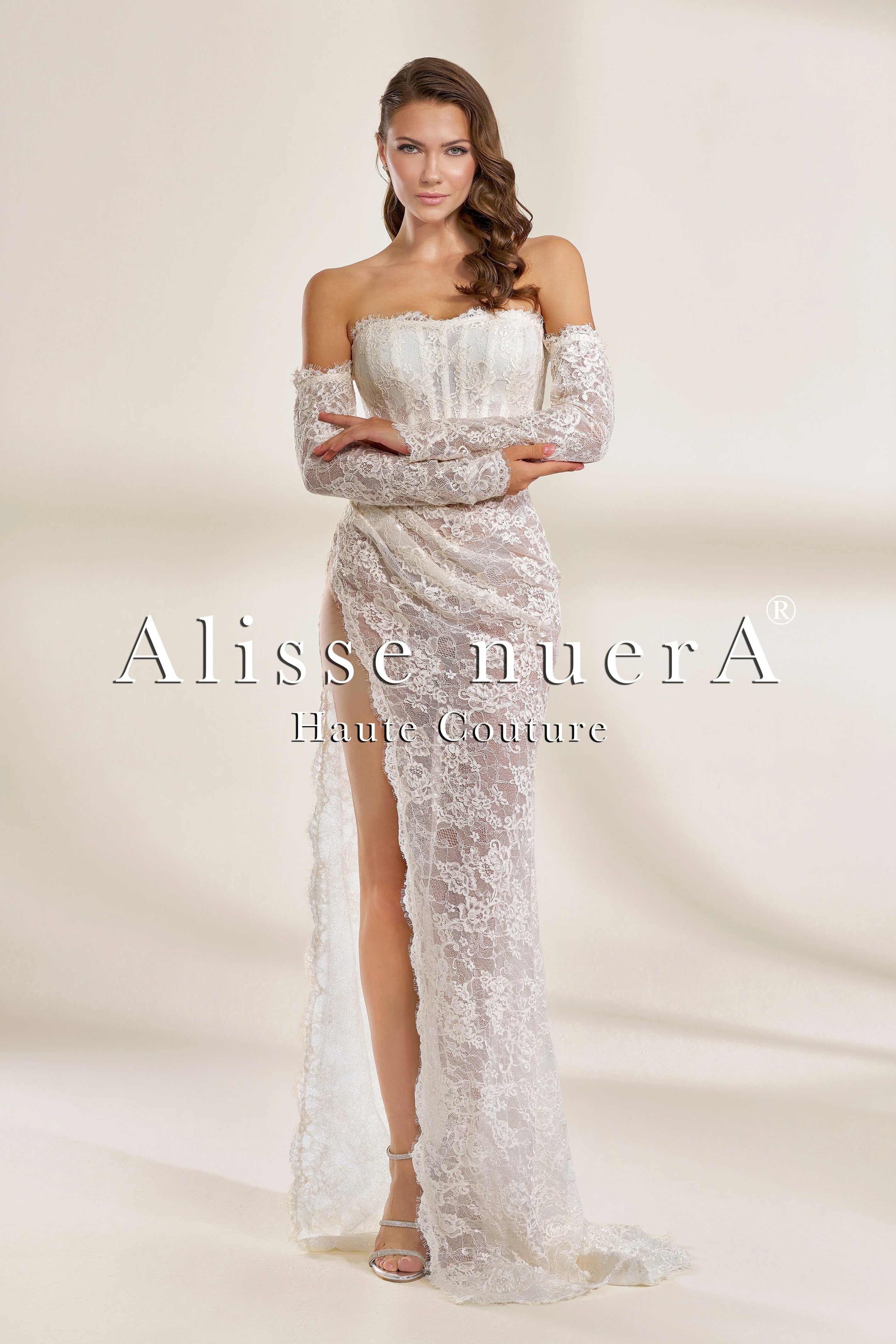 Strapless French Lace Wedding Dress with Detachable Long Sleeves and Strapless French Lace Wedding Dress with Detachable Long Sleeves and