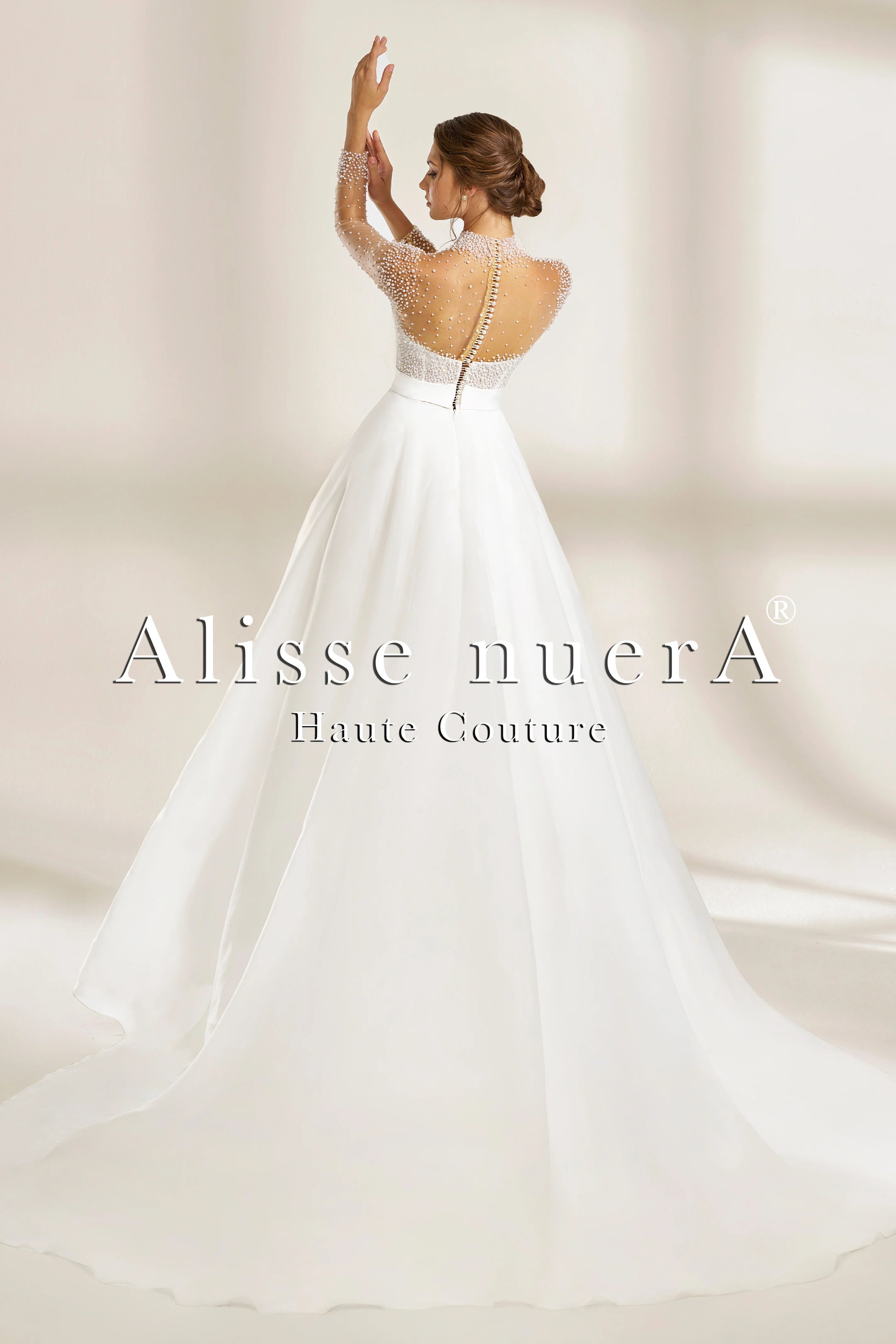 Strapless Organza A-Line Wedding Dress with Pearl-Embellished Illusion Long Sleeves - Alisse Bridal White / Organza / 34 Strapless Organza A-Line Wedding Dress with Pearl-Embellished Illusion Long Sleeves - Alisse Bridal White / Organza / 34