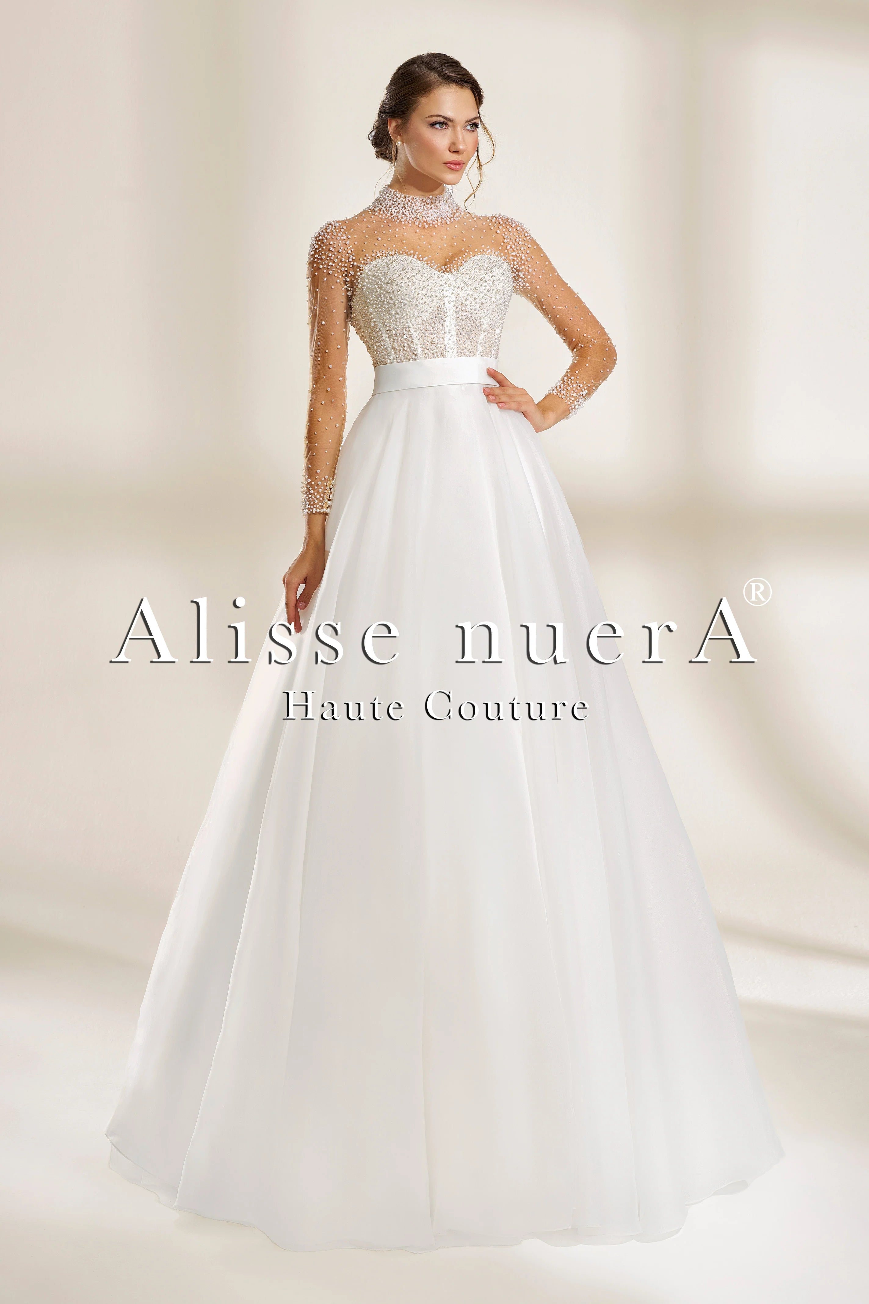 Strapless Organza A-Line Wedding Dress with Pearl-Embellished Illusion Long Sleeves - Alisse Bridal White / Organza / 34 Strapless Organza A-Line Wedding Dress with Pearl-Embellished Illusion Long Sleeves - Alisse Bridal White / Organza / 34