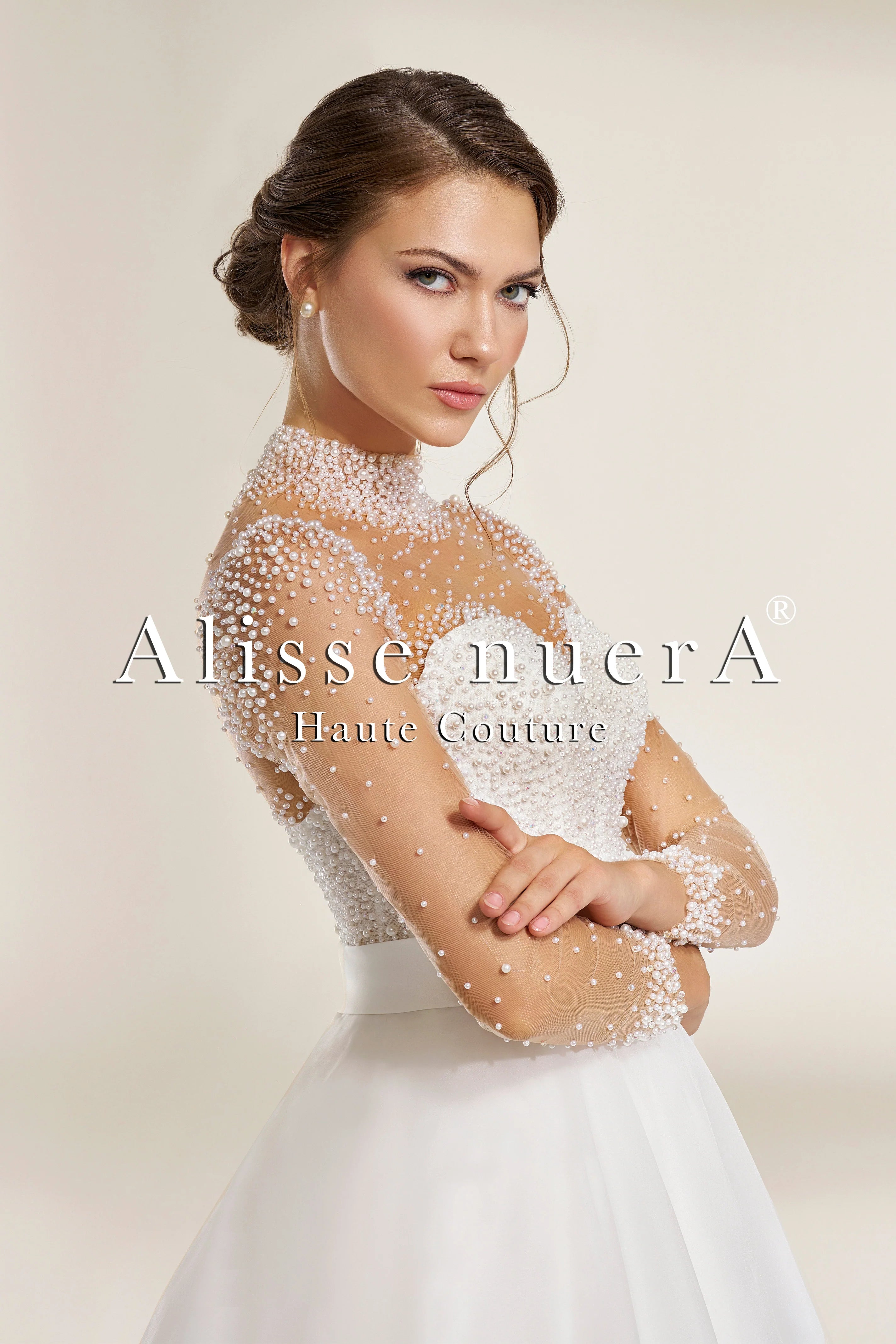 Strapless Organza A-Line Wedding Dress with Pearl-Embellished Illusion Long Sleeves - Alisse Bridal Strapless Organza A-Line Wedding Dress with Pearl-Embellished Illusion Long Sleeves - Alisse Bridal